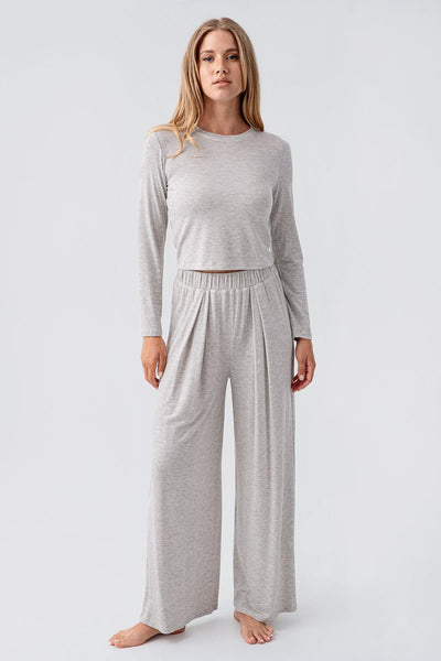 Long Sleeve Crop Wide Leg Flexible Viscose Pajama Set 18210