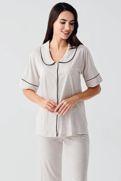 Bebe Yaka Düğmeli Kısa Kollu Esnek Pamuklu Pijama Takım 17201