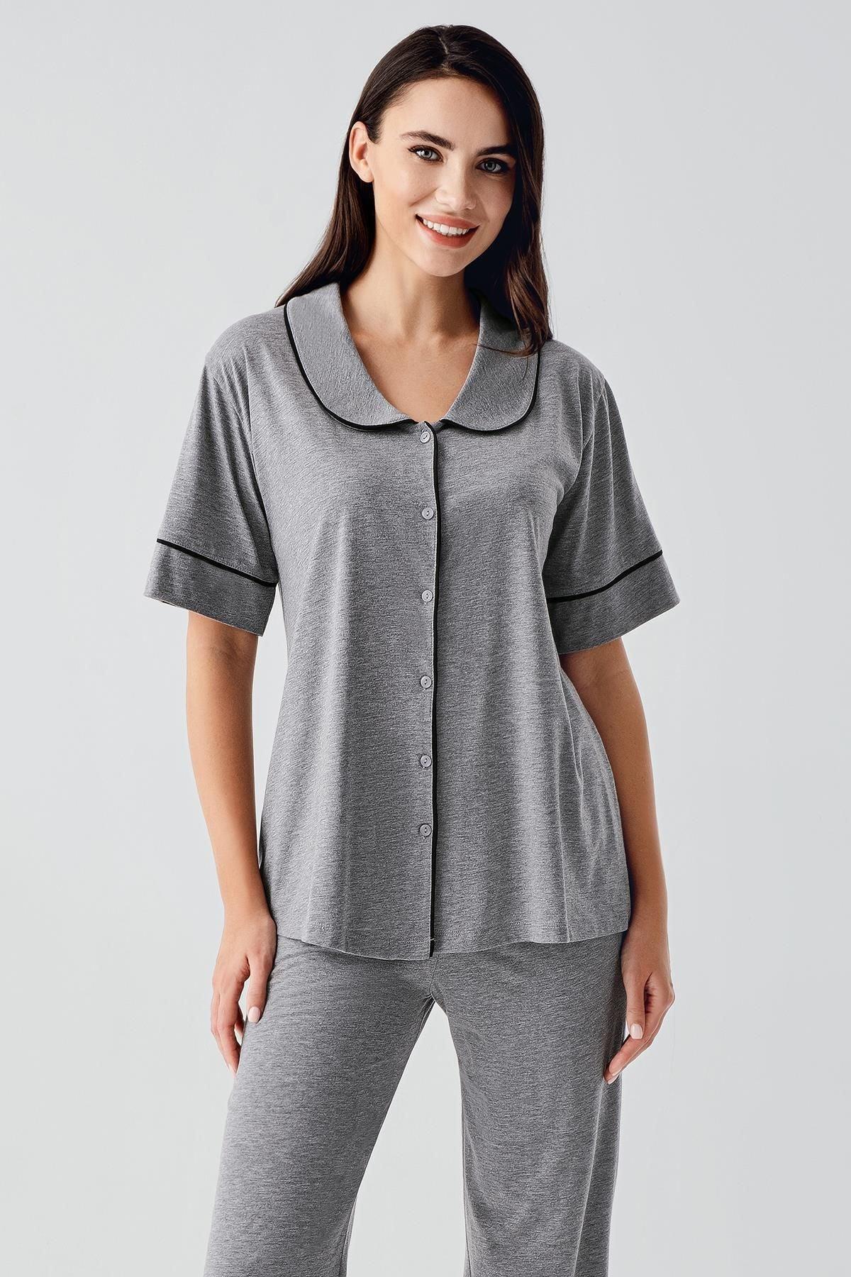 Bebe Yaka Düğmeli Kısa Kollu Esnek Pamuklu Pijama Takım 17201 - Artış Collection