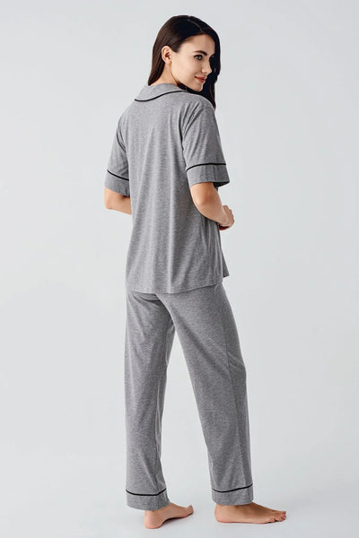 Bebe Yaka Düğmeli Kısa Kollu Esnek Pamuklu Pijama Takım 17201