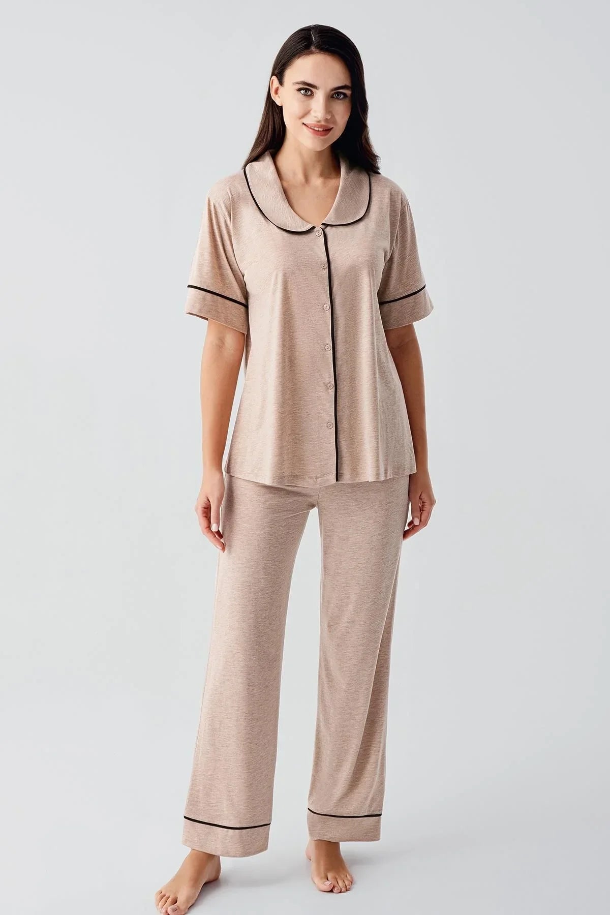 Bebe Yaka Düğmeli Kısa Kollu Esnek Pamuklu Pijama Takım 17201 - Artış Collection