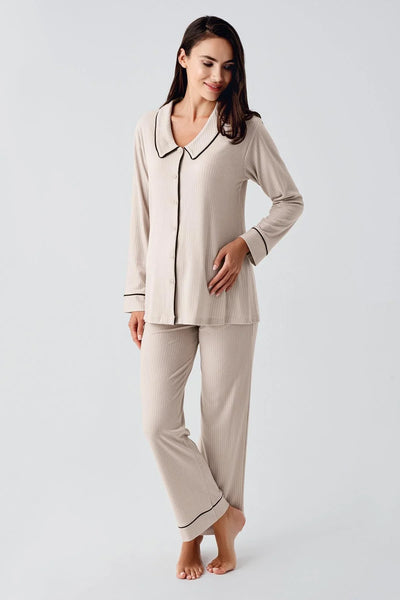 Bebe Yaka Düğmeli Uzun Kollu Hamile Pijama Takım 22109