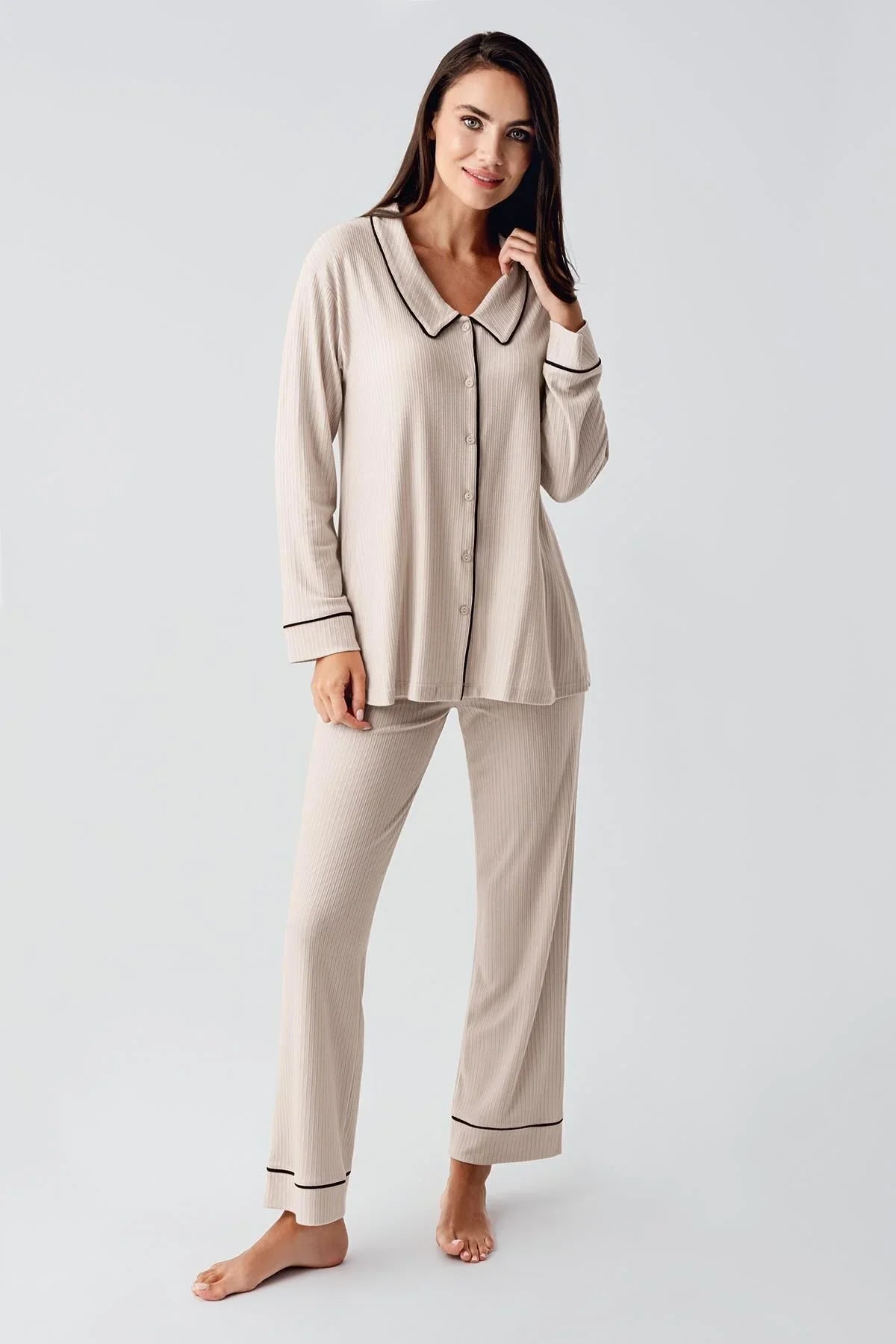 Bebe Yaka Düğmeli Uzun Kollu Hamile Pijama Takım 22109