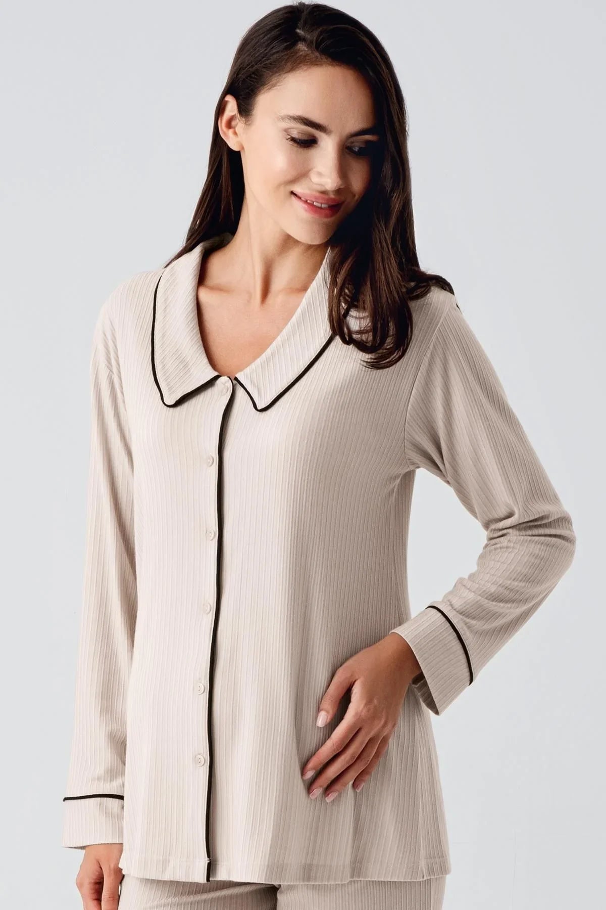 Bebe Yaka Düğmeli Uzun Kollu Hamile Pijama Takım 22109 - Artış Collection