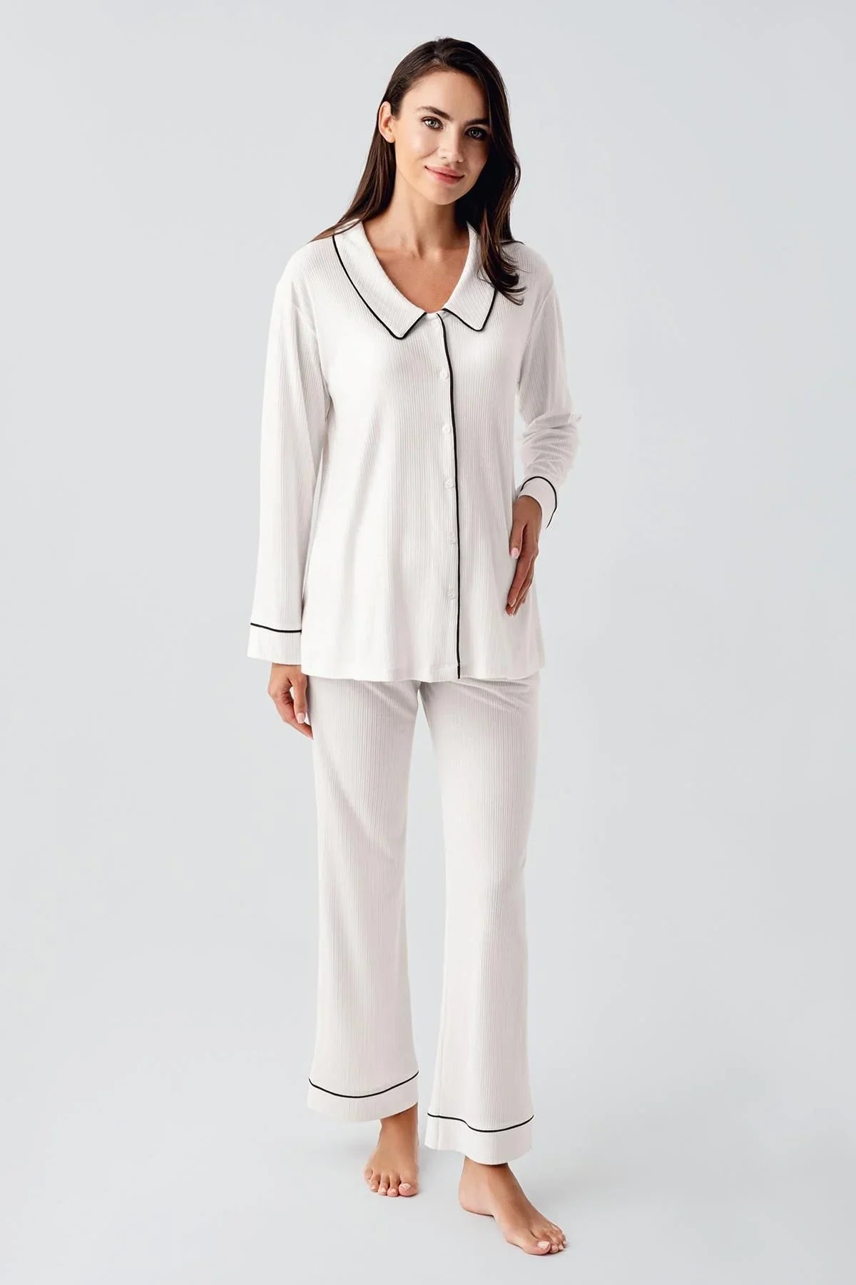 Bebe Yaka Düğmeli Uzun Kollu Hamile Pijama Takım 22109 - Artış Collection