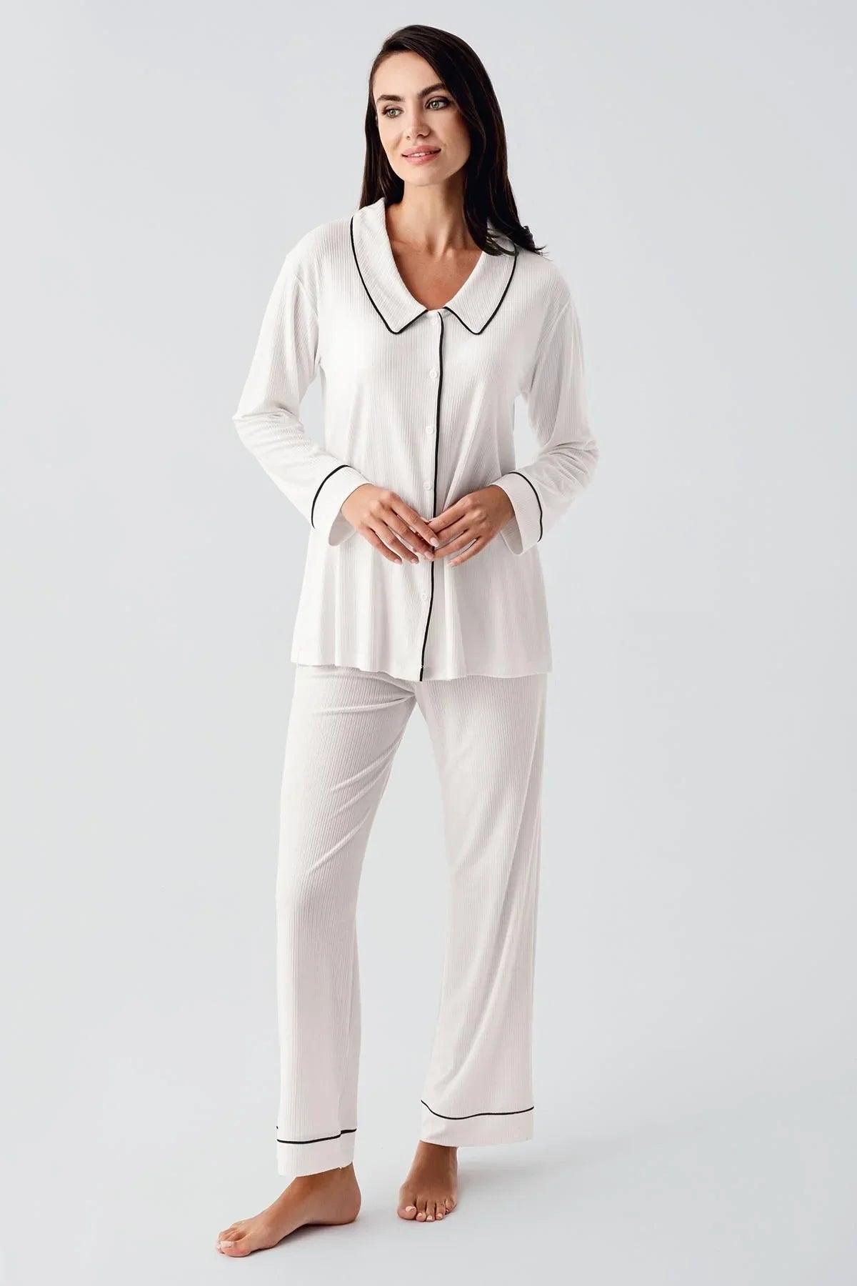 Bebe Yaka Düğmeli Uzun Kollu Hamile Pijama Takım 22109 - Artış Collection