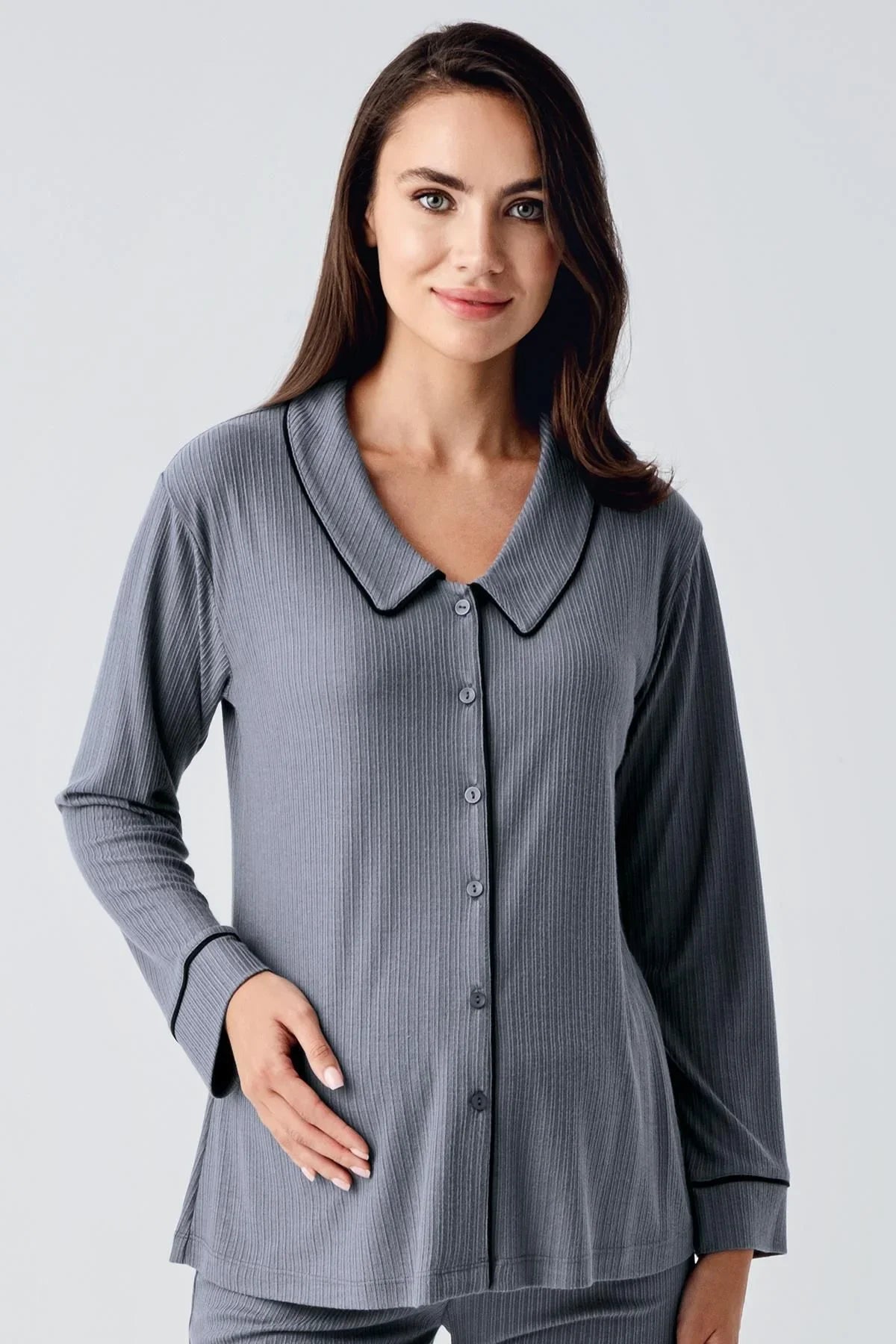 Bebe Yaka Düğmeli Uzun Kollu Hamile Pijama Takım 22109 - Artış Collection