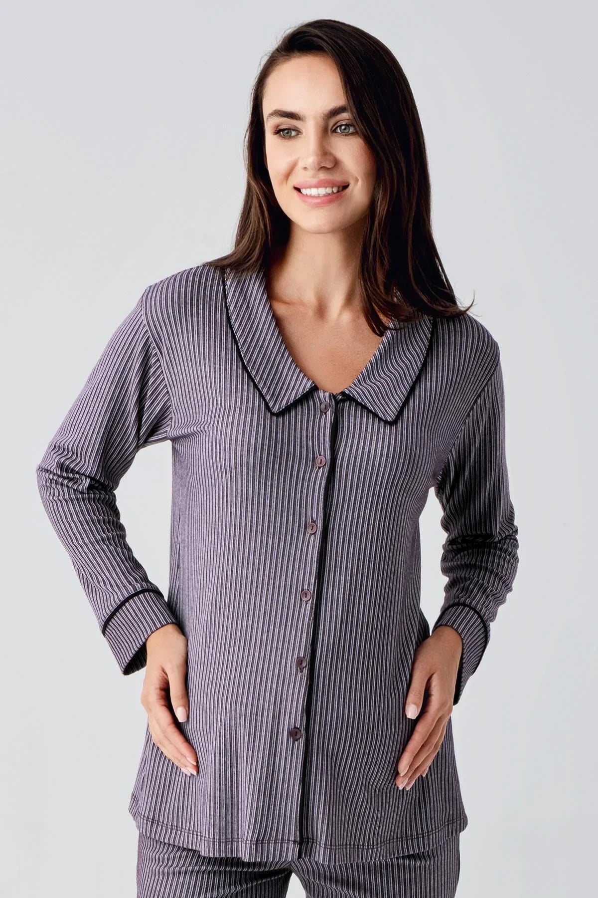 Bebe Yaka Düğmeli Uzun Kollu Hamile Pijama Takım 22109 - Artış Collection