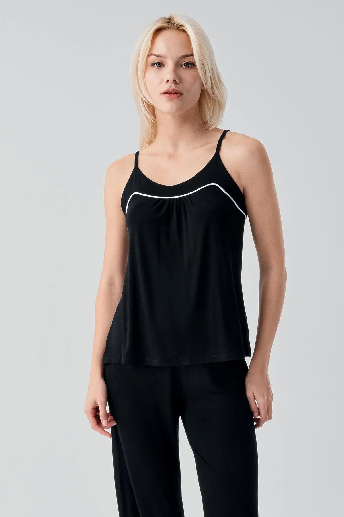 Viscose Soft Pajama Set with Straps and Piping, Comfortable, Stretchy, Lycra 19215