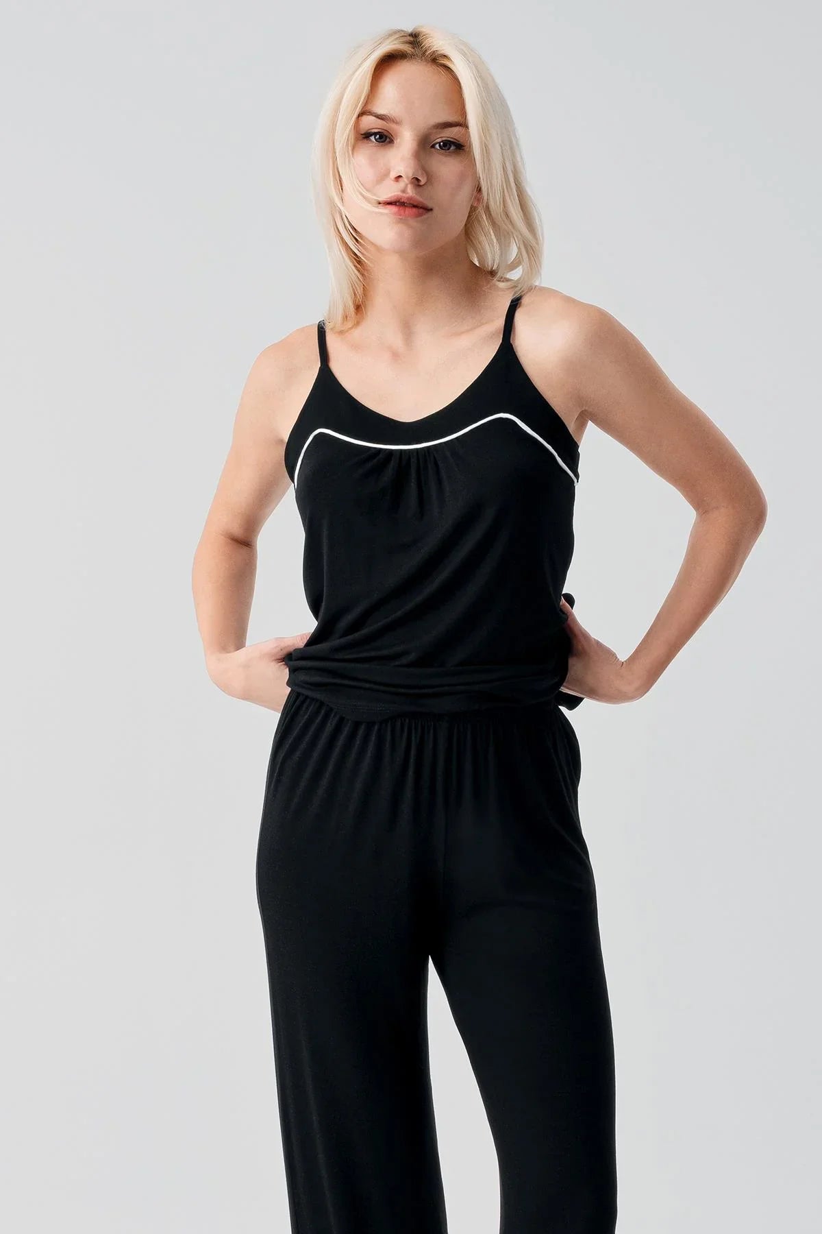 Viscose Soft Pajama Set with Straps and Piping, Comfortable, Stretchy, Lycra 19215