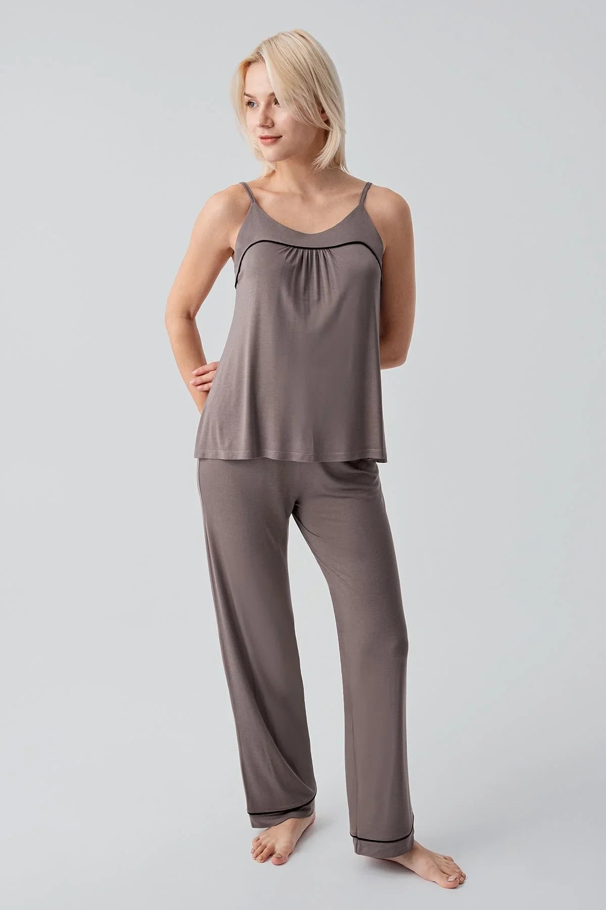 Viscose Soft Pajama Set with Straps and Piping, Comfortable, Stretchy, Lycra 19215