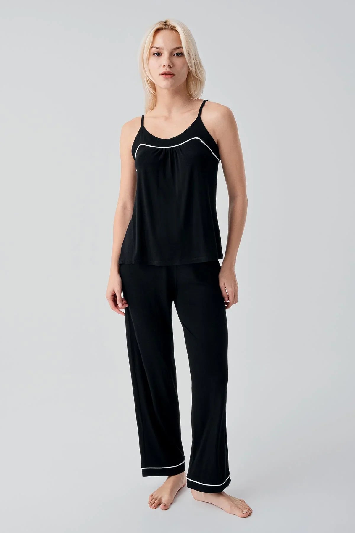 Viscose Soft Pajama Set with Straps and Piping, Comfortable, Stretchy, Lycra 19215