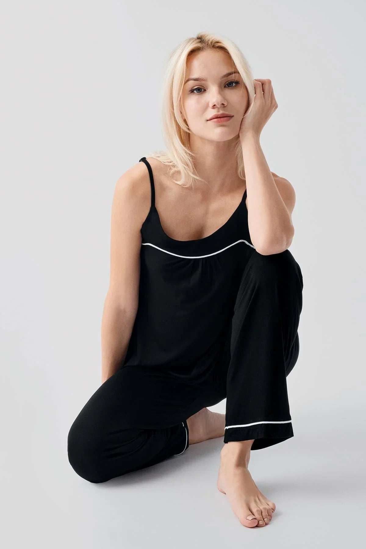 Viscose Soft Pajama Set with Straps and Piping, Comfortable, Stretchy, Lycra 19215