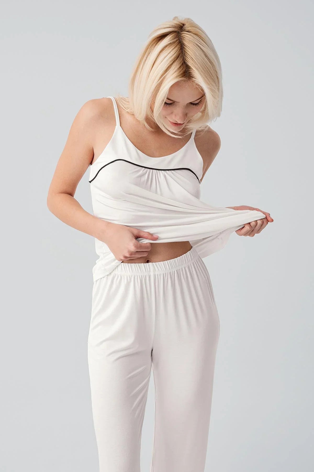 Viscose Soft Pajama Set with Straps and Piping, Comfortable, Stretchy, Lycra 19215