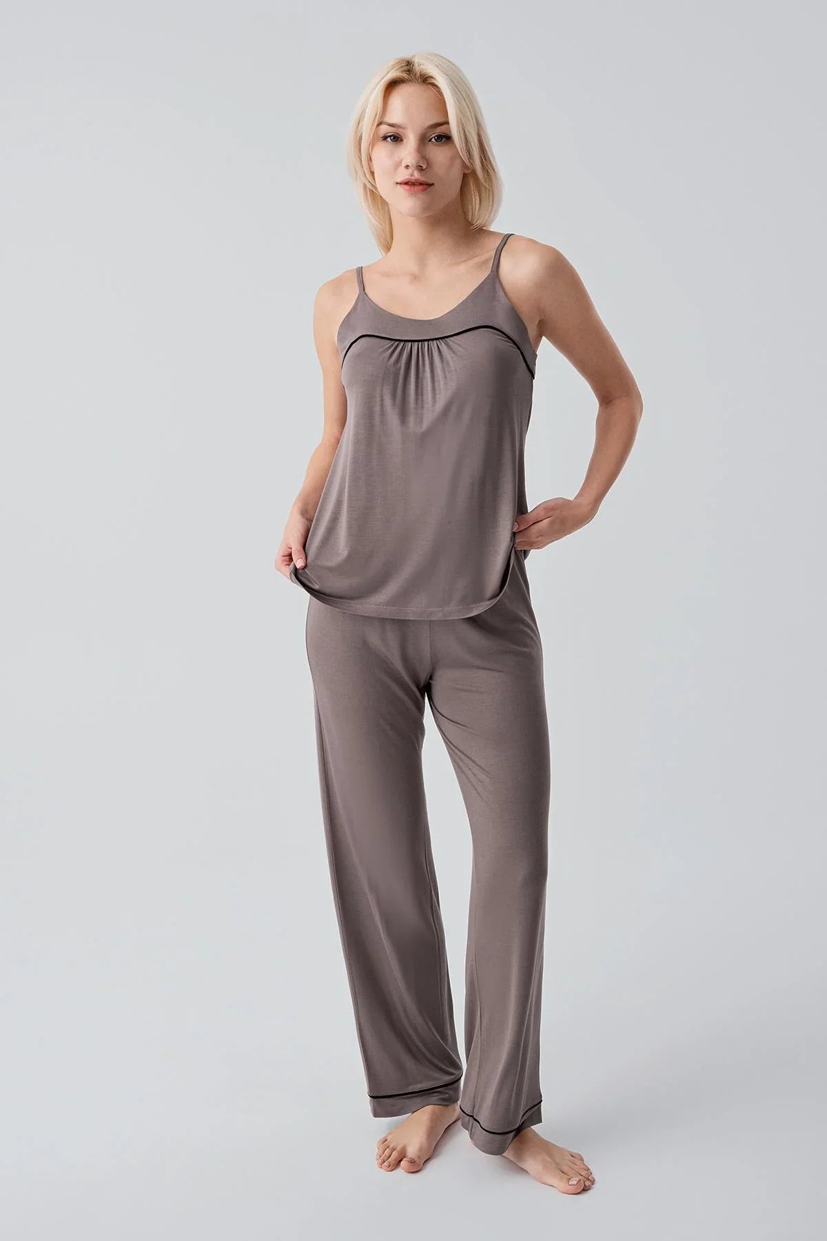 Viscose Soft Pajama Set with Straps and Piping, Comfortable, Stretchy, Lycra 19215
