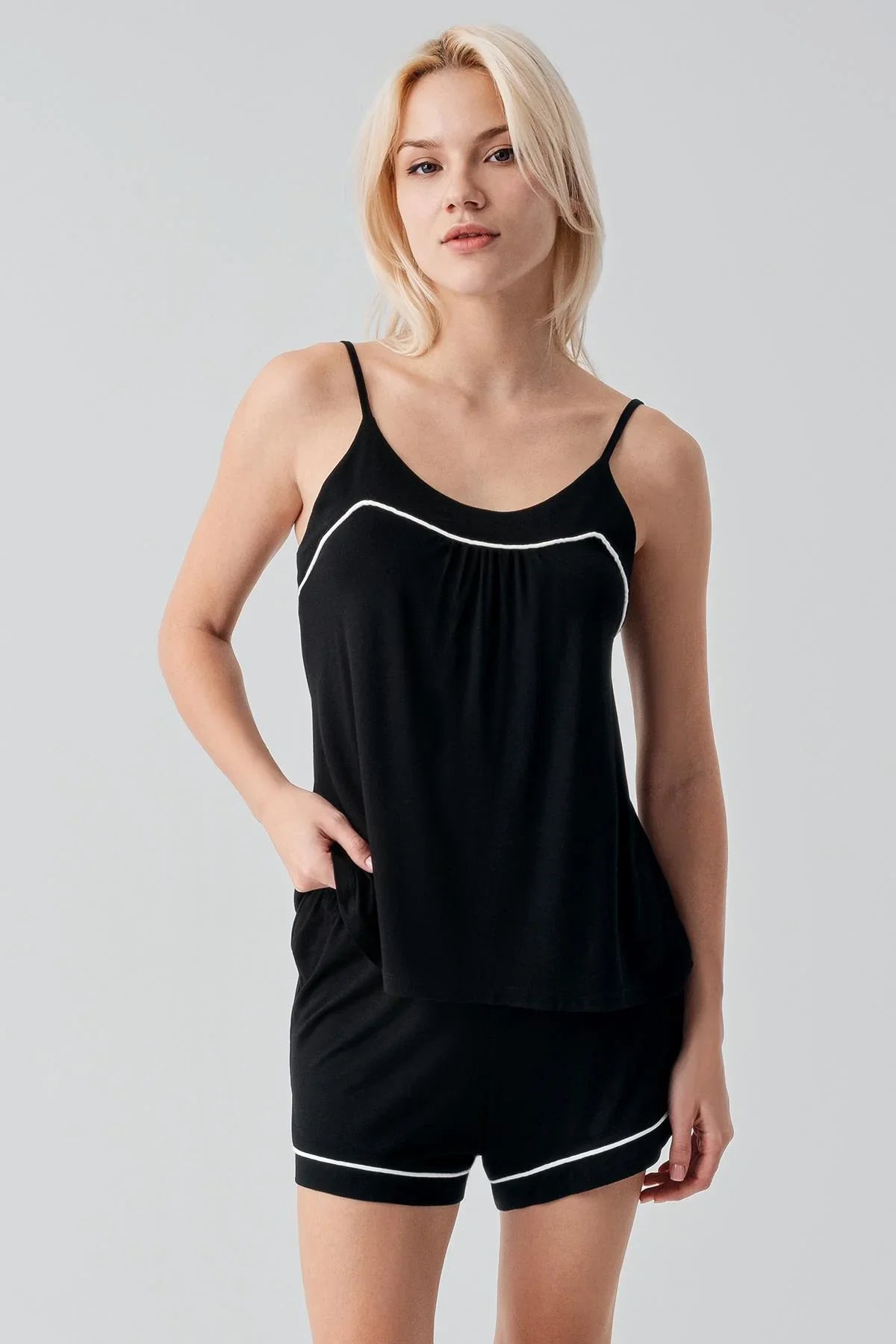 Soft Stretchy Lycra Viscose Short Pajama Set with Straps and Bias Trim 19216