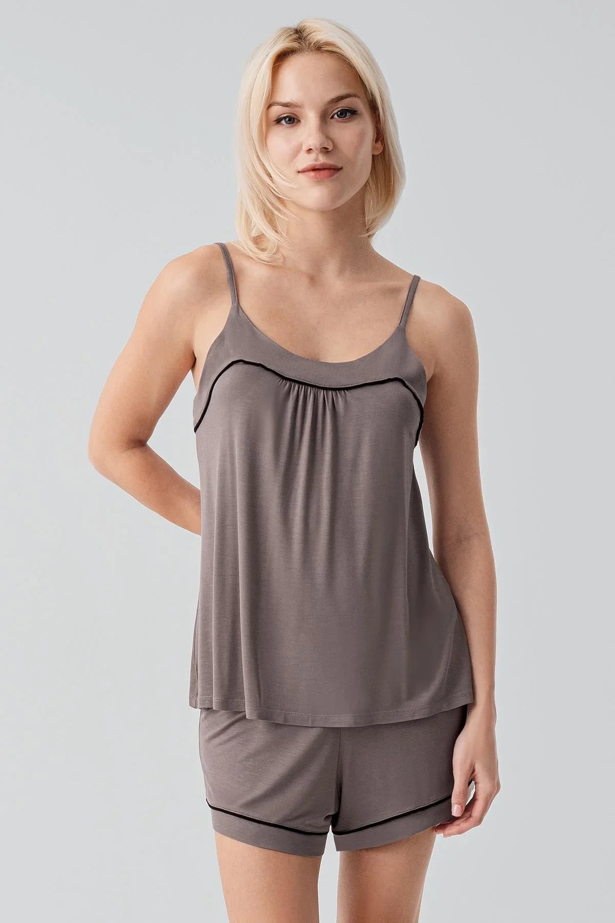 Soft Stretchy Lycra Viscose Short Pajama Set with Straps and Bias Trim 19216