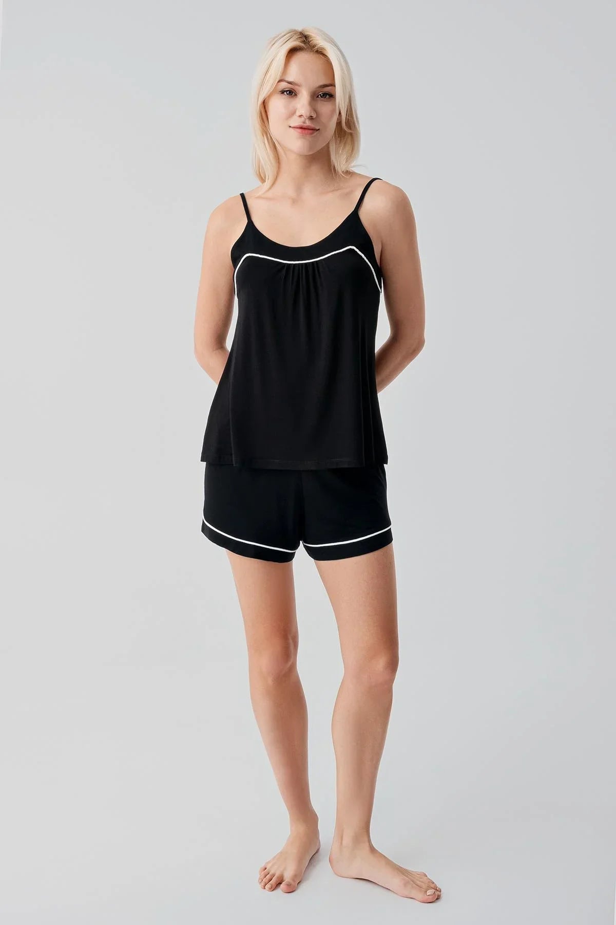 Soft Stretchy Lycra Viscose Short Pajama Set with Straps and Bias Trim 19216