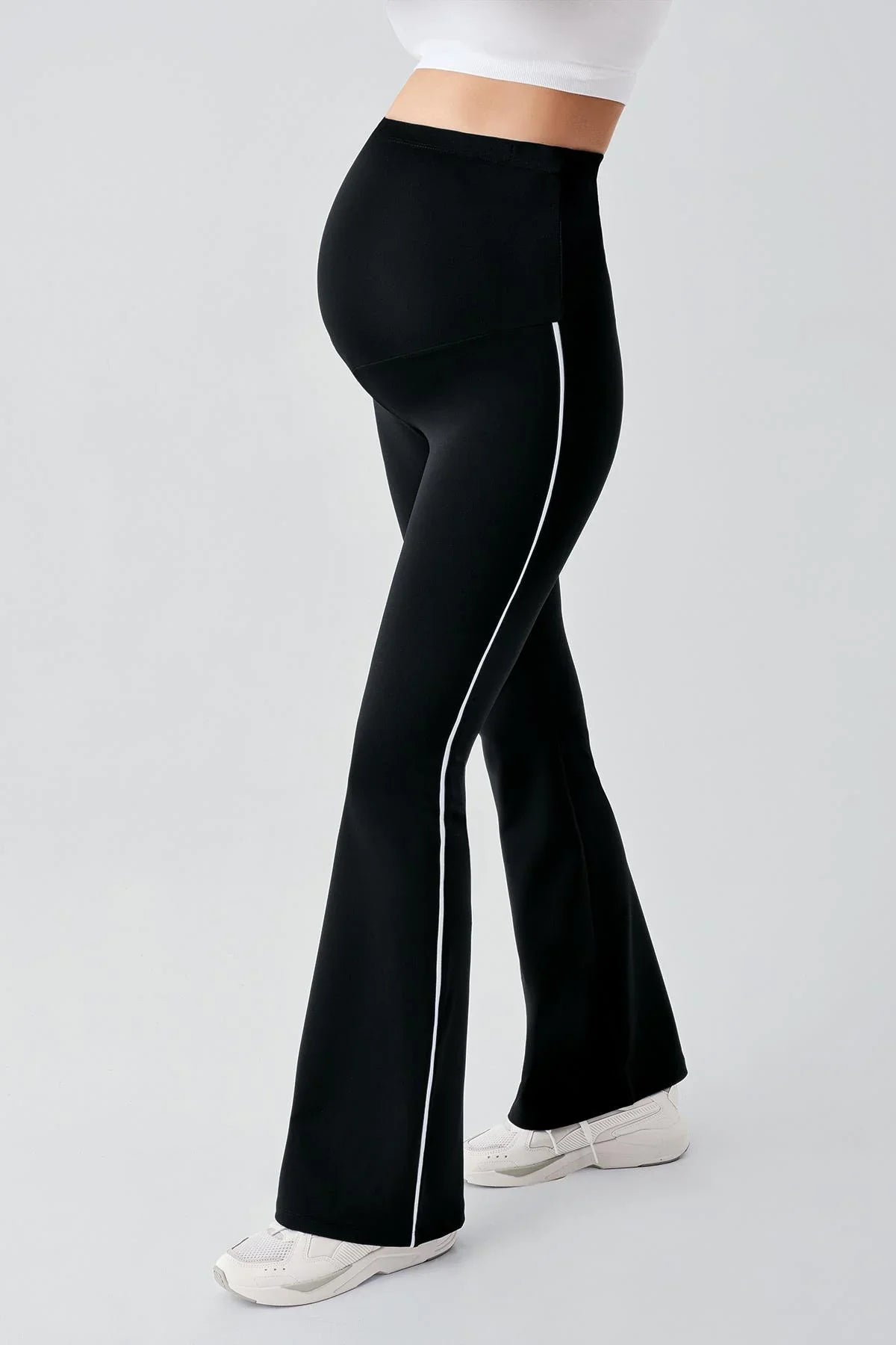 Black maternity high waist flared leggings with white stripes, Artış Collection