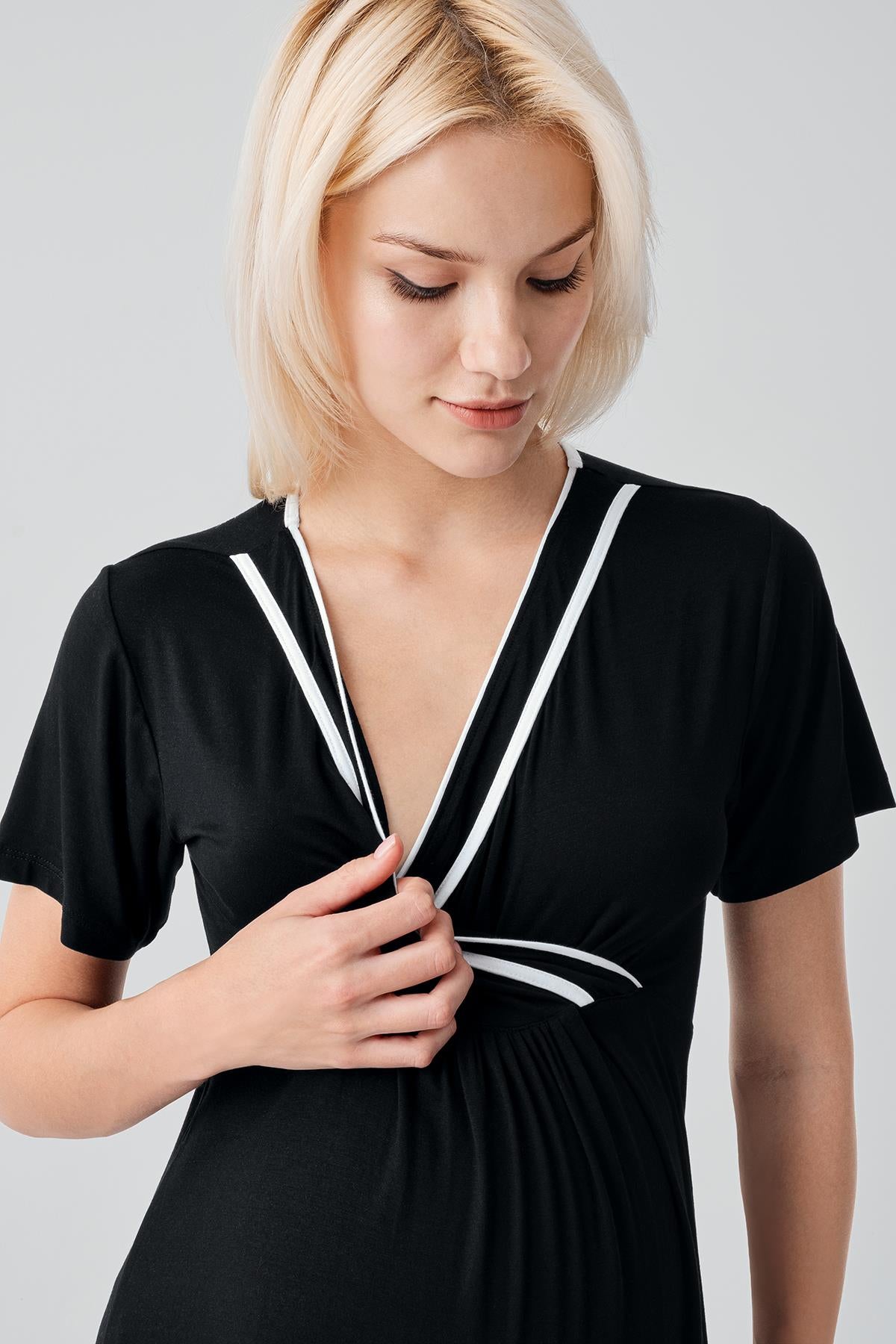 Kısa Kollu Emzirme Bölmeli Esnek Viskoz Hamile Sabahlık Gecelik Takım 19417