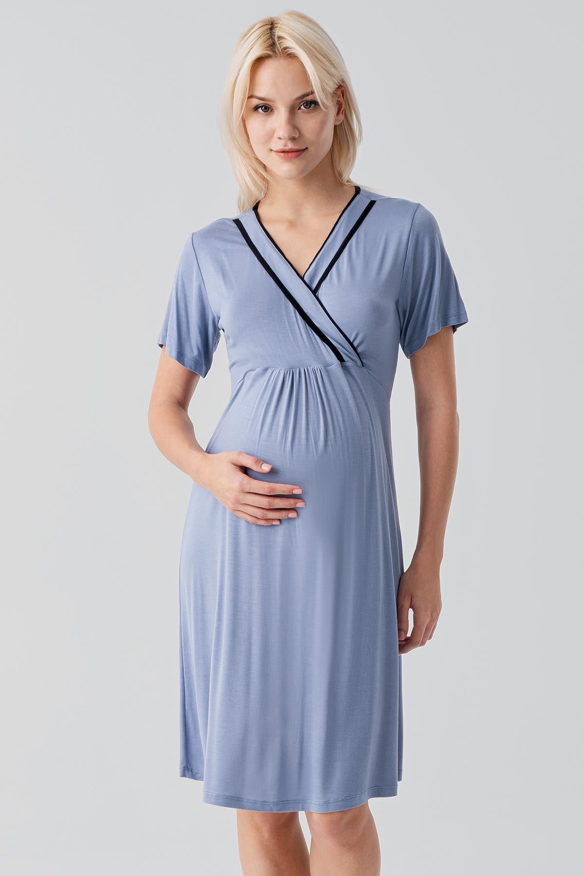 Kısa Kollu Emzirme Bölmeli Esnek Viskoz Hamile Sabahlık Gecelik Takım 19417