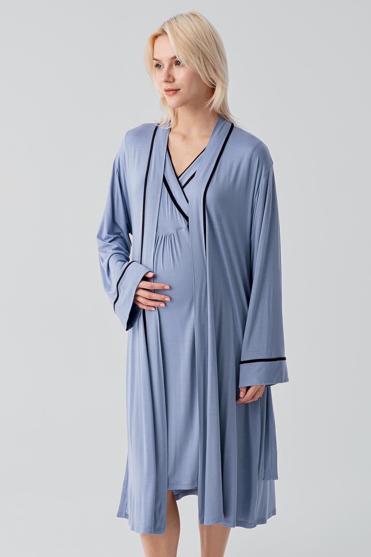 Kısa Kollu Emzirme Bölmeli Esnek Viskoz Hamile Sabahlık Gecelik Takım 19417