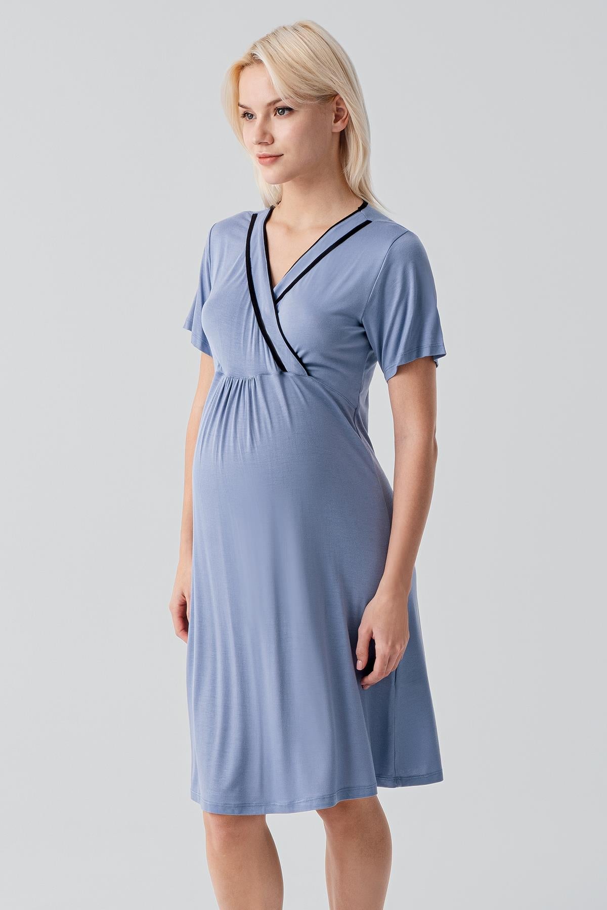 Kısa Kollu Emzirme Bölmeli Esnek Viskoz Hamile Sabahlık Gecelik Takım 19417