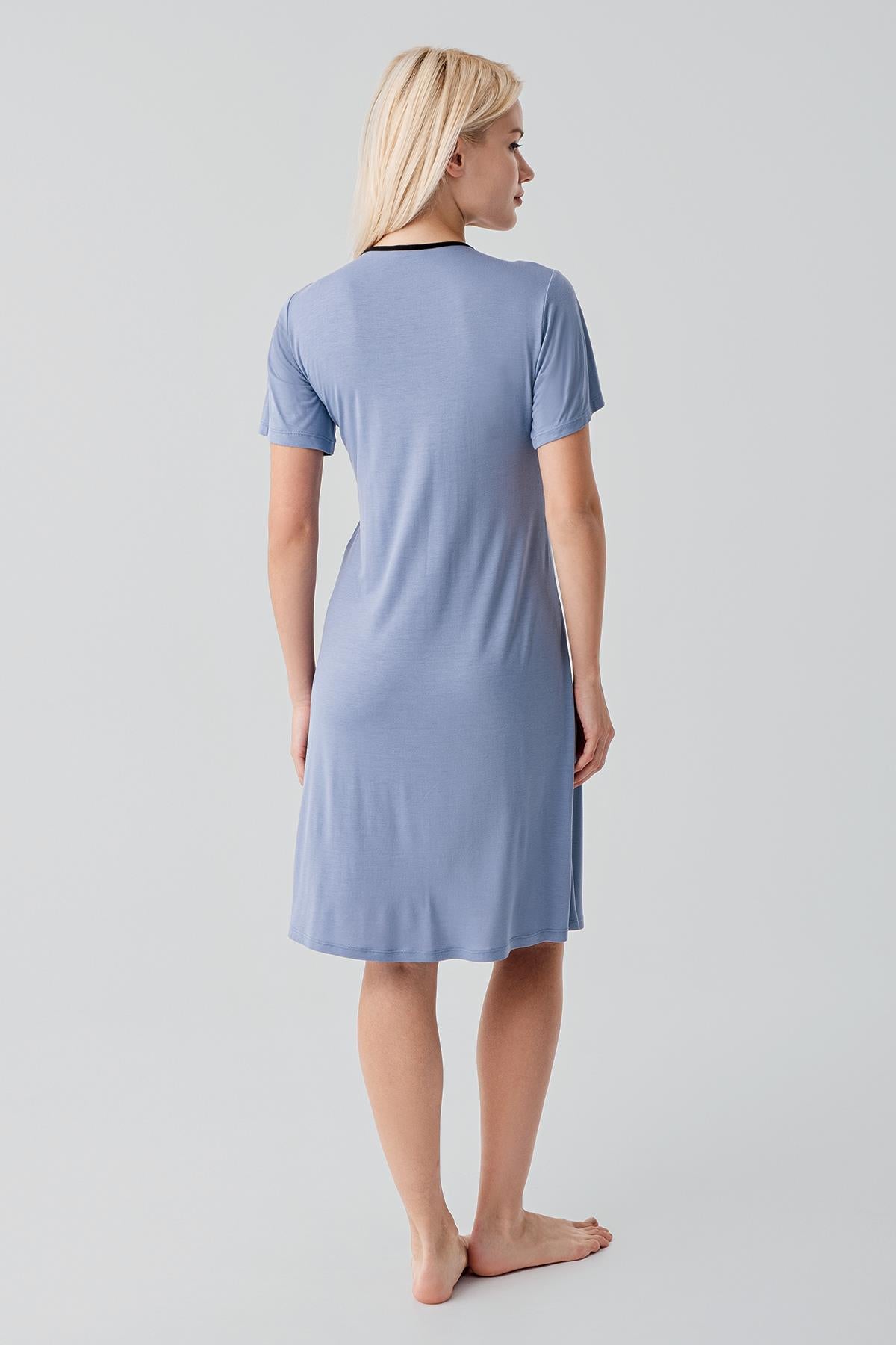 Kısa Kollu Emzirme Bölmeli Esnek Viskoz Hamile Sabahlık Gecelik Takım 19417