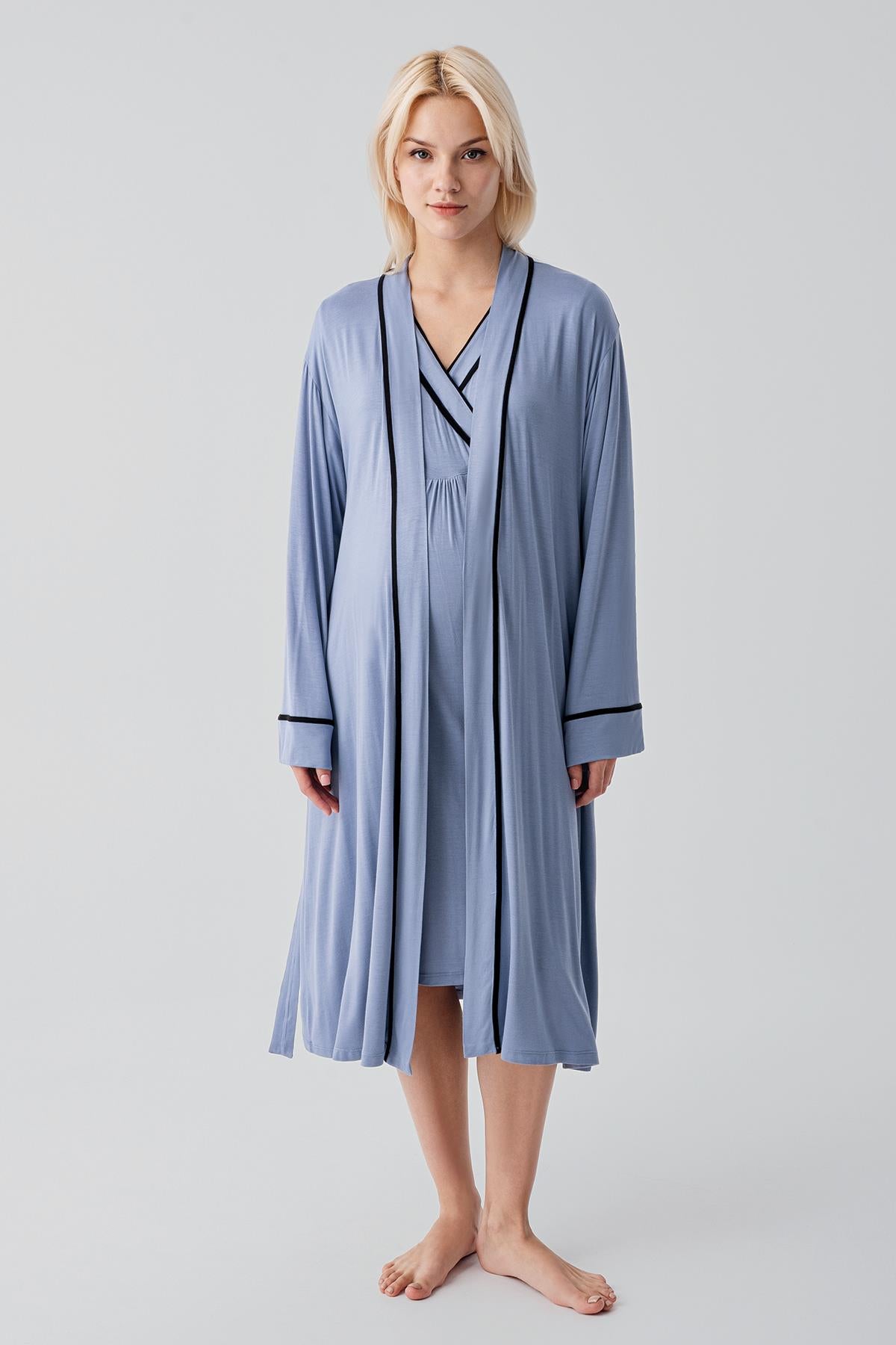 Kısa Kollu Emzirme Bölmeli Esnek Viskoz Hamile Sabahlık Gecelik Takım 19417