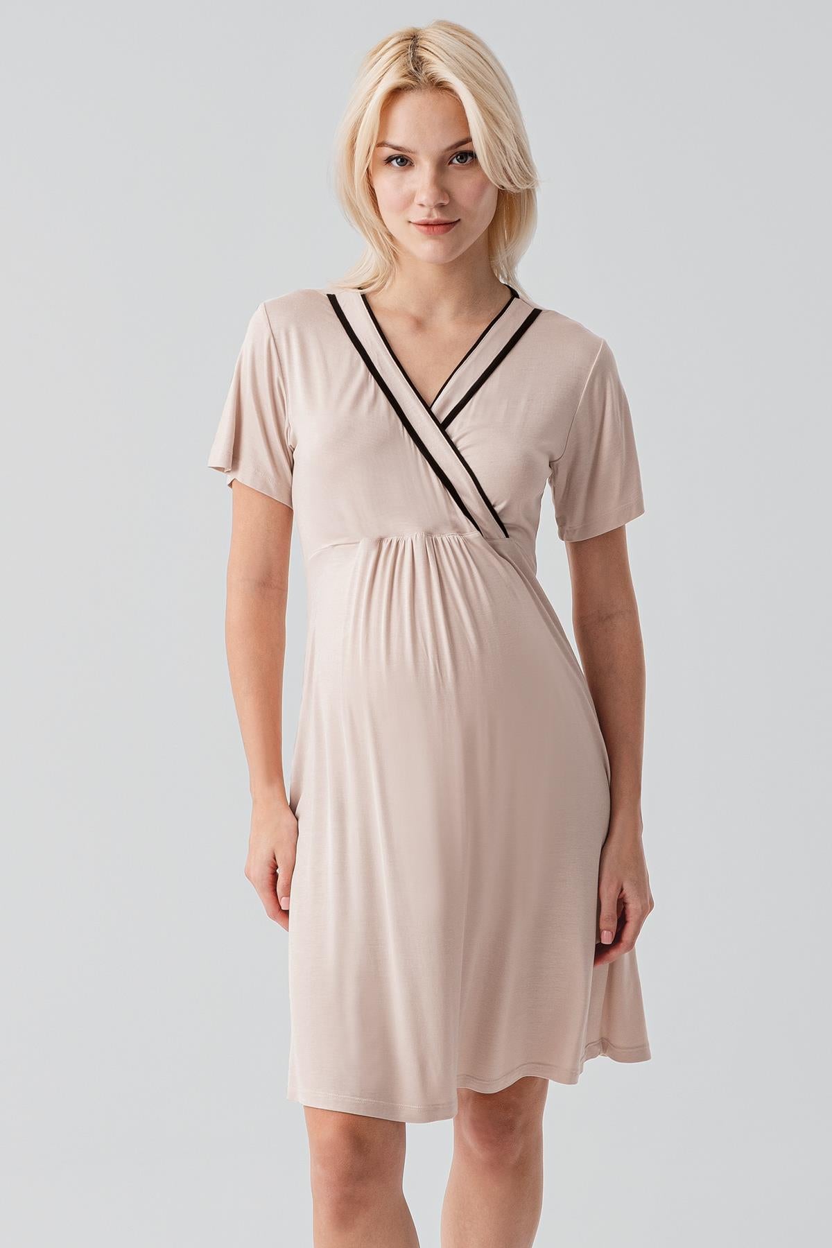 Kısa Kollu Emzirme Bölmeli Esnek Viskoz Hamile Sabahlık Gecelik Takım 19417