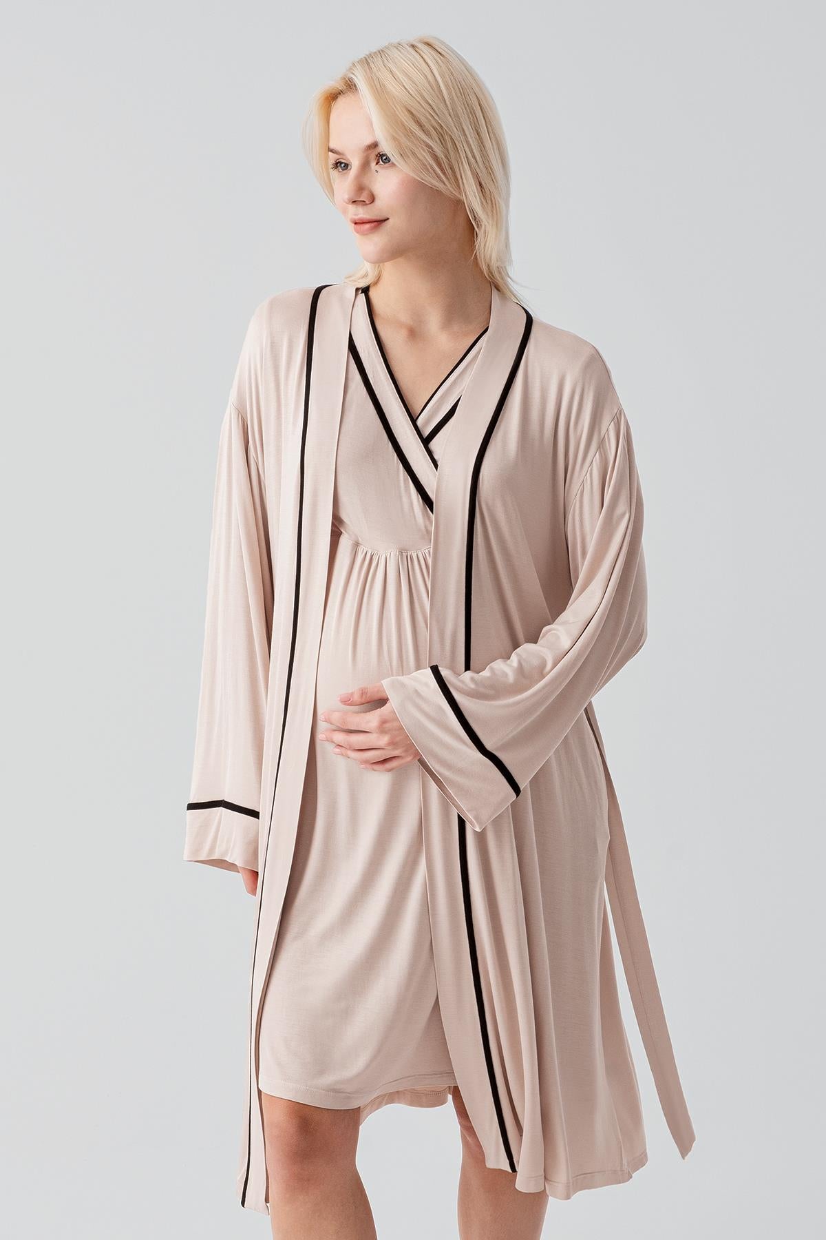 Kısa Kollu Emzirme Bölmeli Esnek Viskoz Hamile Sabahlık Gecelik Takım 19417