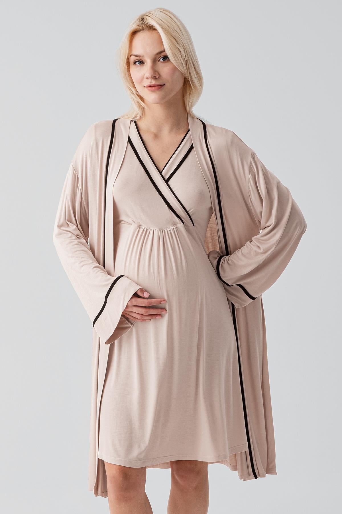 Kısa Kollu Emzirme Bölmeli Esnek Viskoz Hamile Sabahlık Gecelik Takım 19417