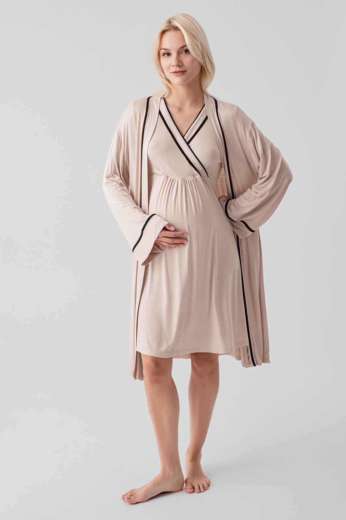 Kısa Kollu Emzirme Bölmeli Esnek Viskoz Hamile Sabahlık Gecelik Takım 19417