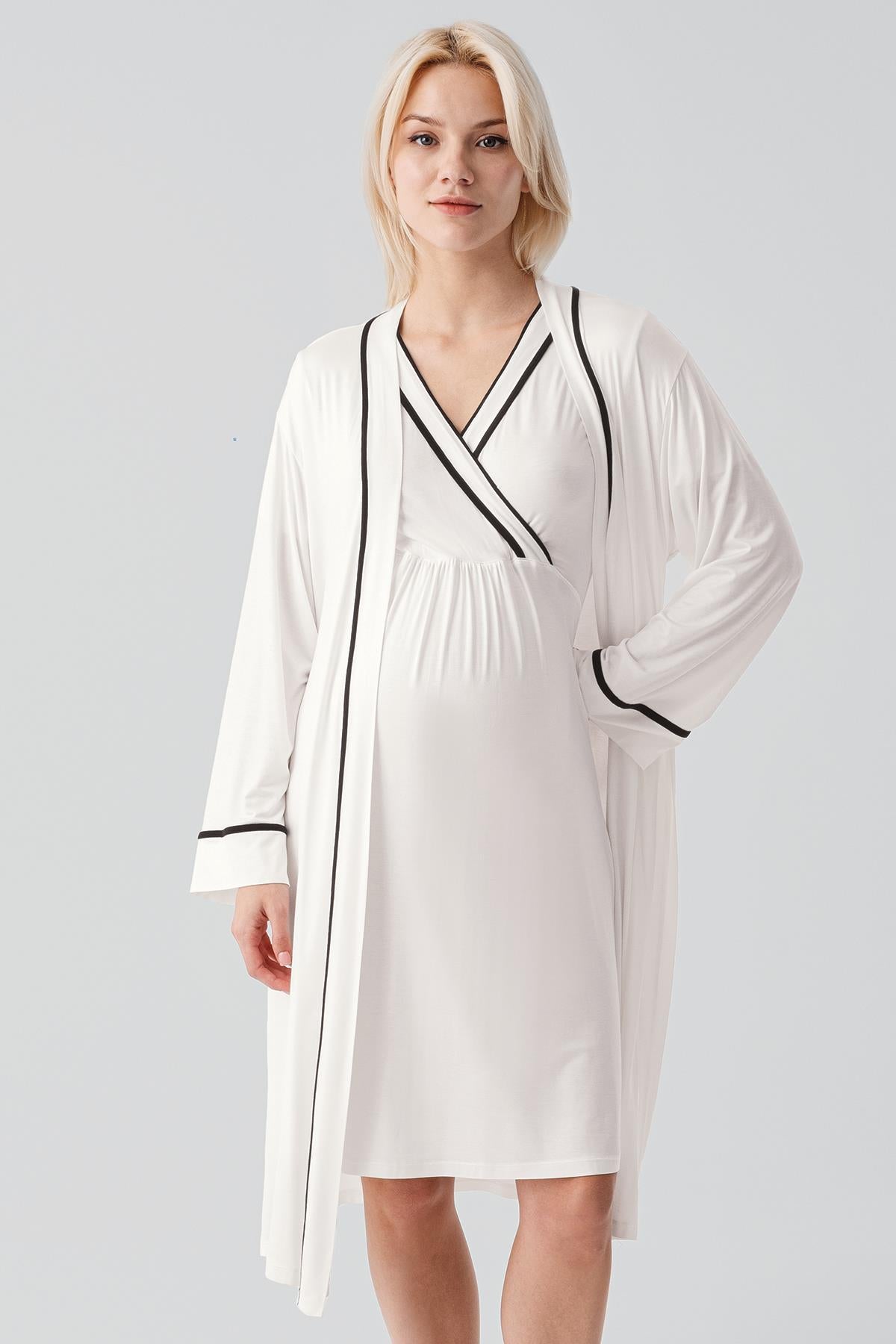 Kısa Kollu Emzirme Bölmeli Esnek Viskoz Hamile Sabahlık Gecelik Takım 19417