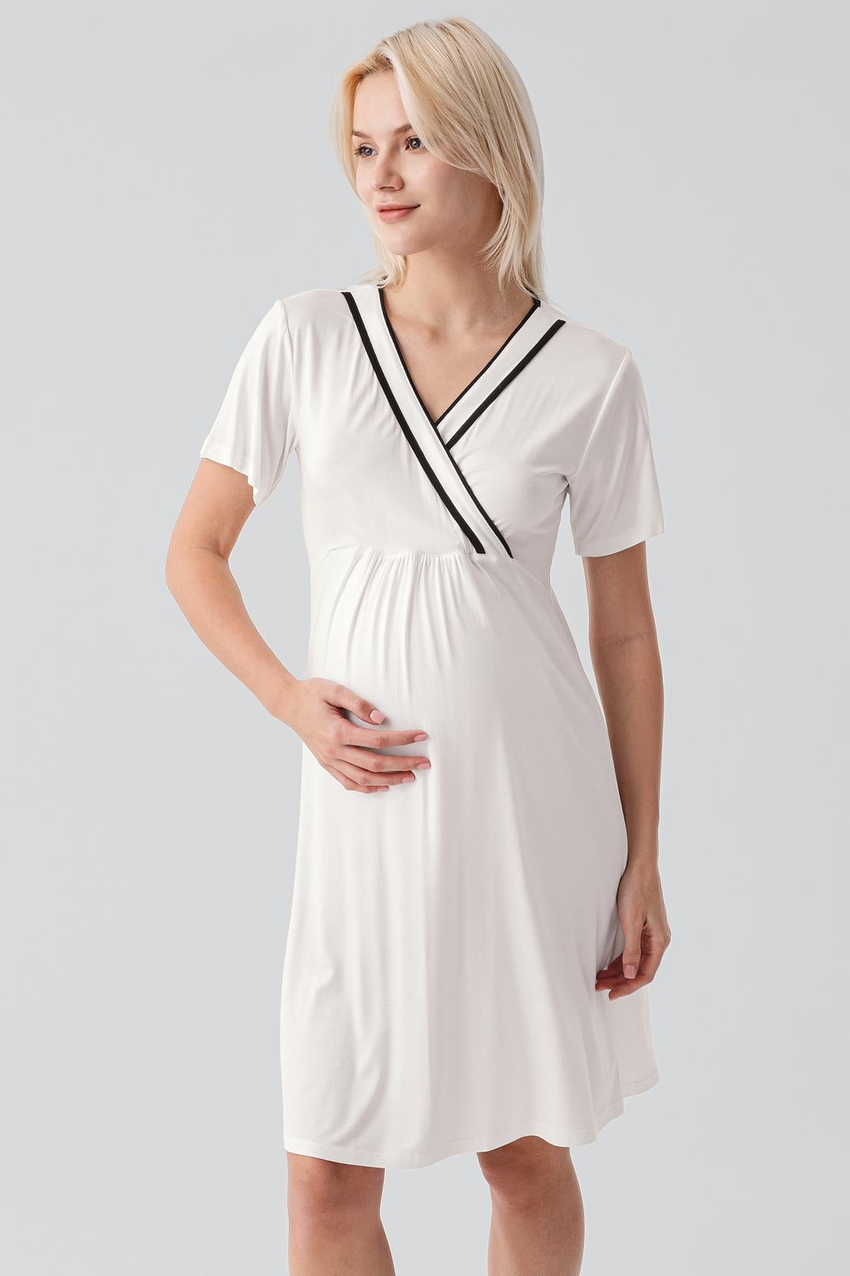 Kısa Kollu Emzirme Bölmeli Esnek Viskoz Hamile Sabahlık Gecelik Takım 19417