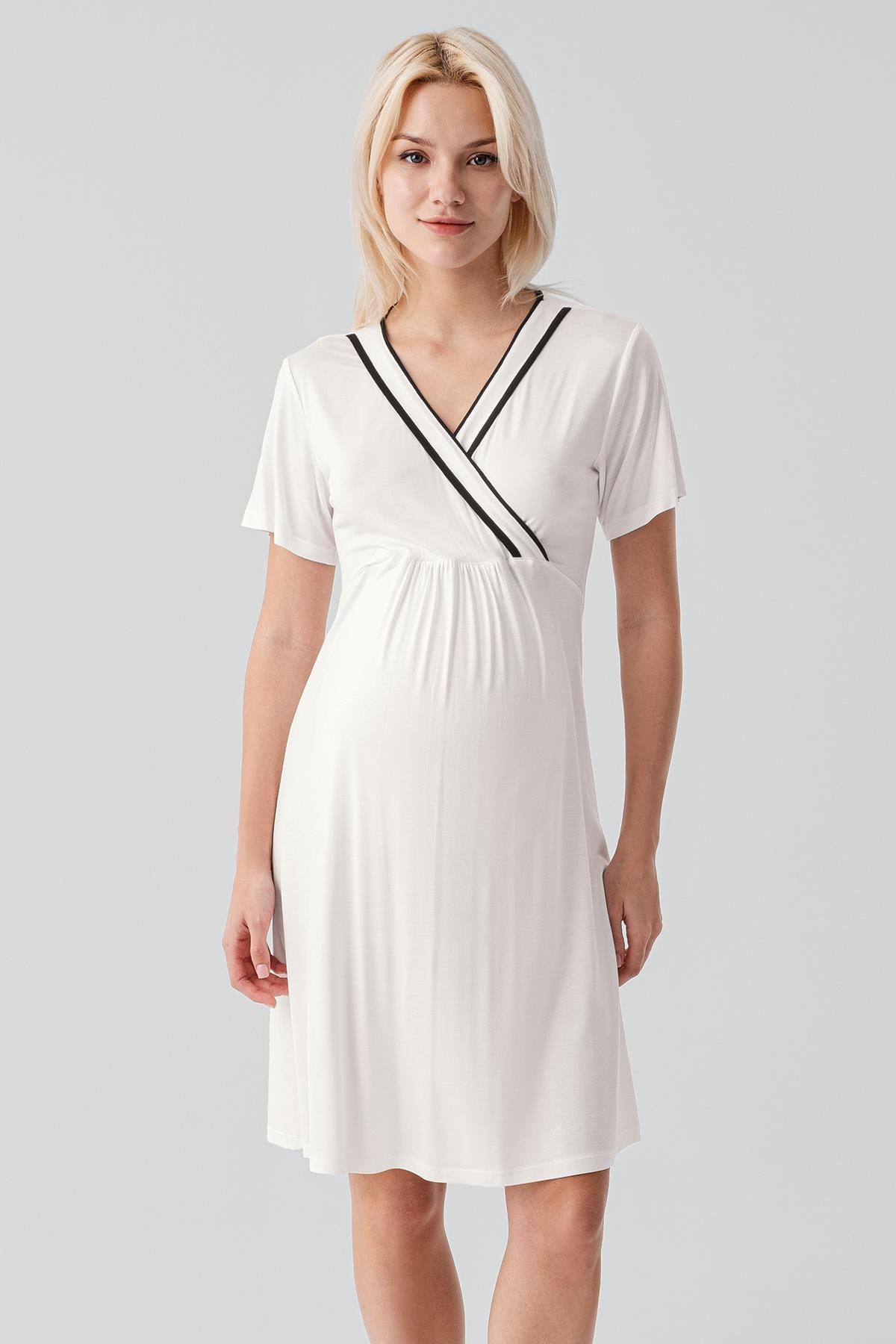 Kısa Kollu Emzirme Bölmeli Esnek Viskoz Hamile Sabahlık Gecelik Takım 19417