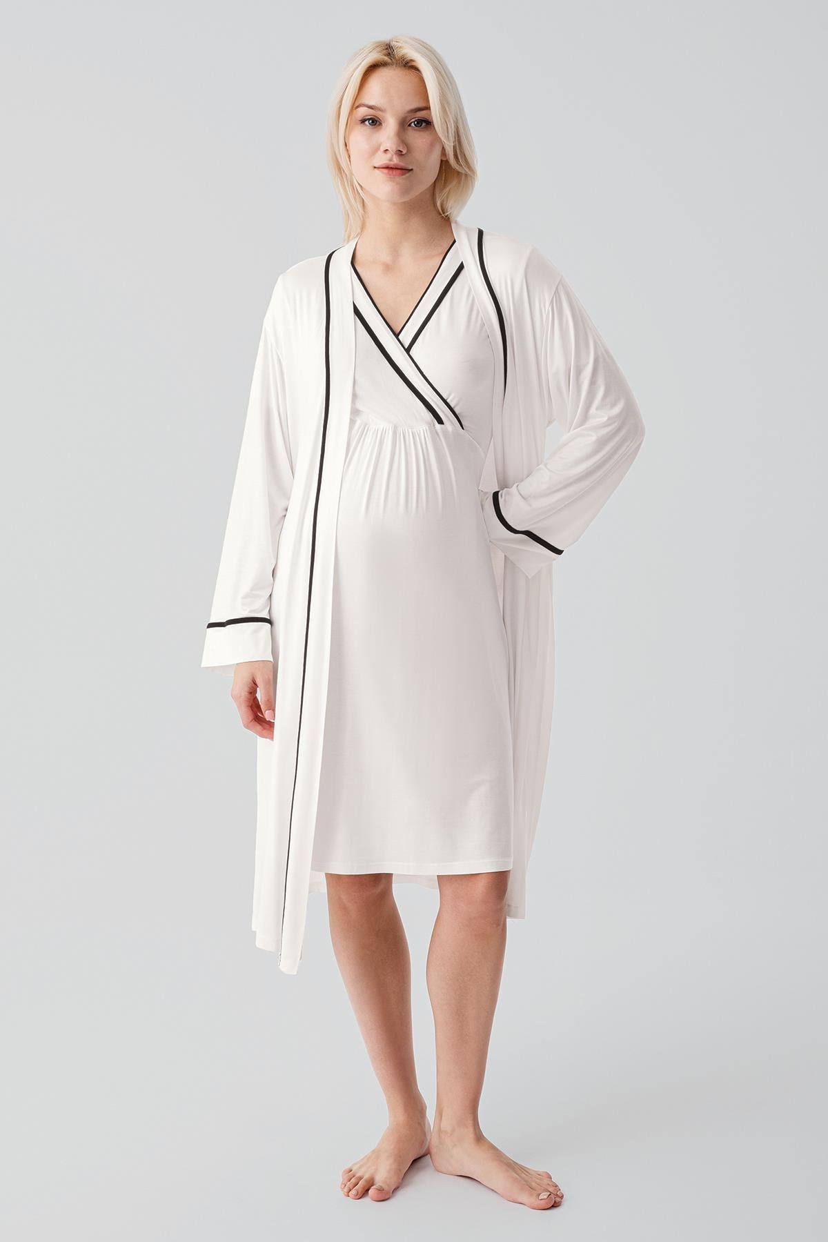 Kısa Kollu Emzirme Bölmeli Esnek Viskoz Hamile Sabahlık Gecelik Takım 19417