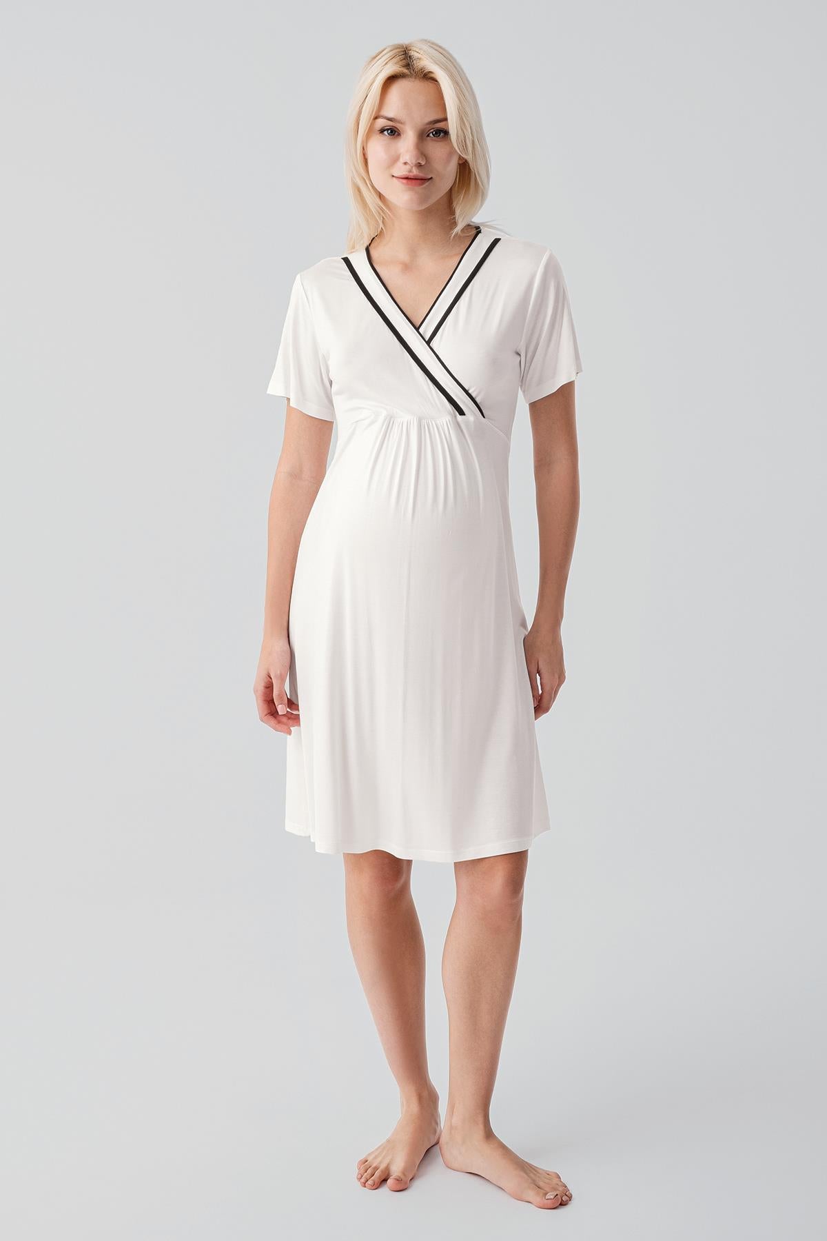 Kısa Kollu Emzirme Bölmeli Esnek Viskoz Hamile Sabahlık Gecelik Takım 19417