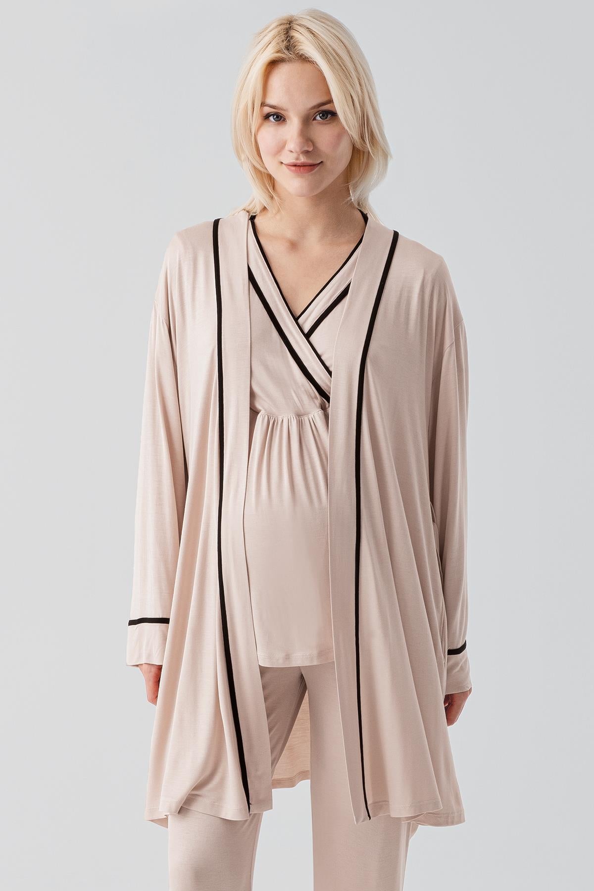 Kısa Kollu Emzirme Bölmeli Ayarlanabilir Bel Esnek Viskoz Hamile Pijama Takım 19317