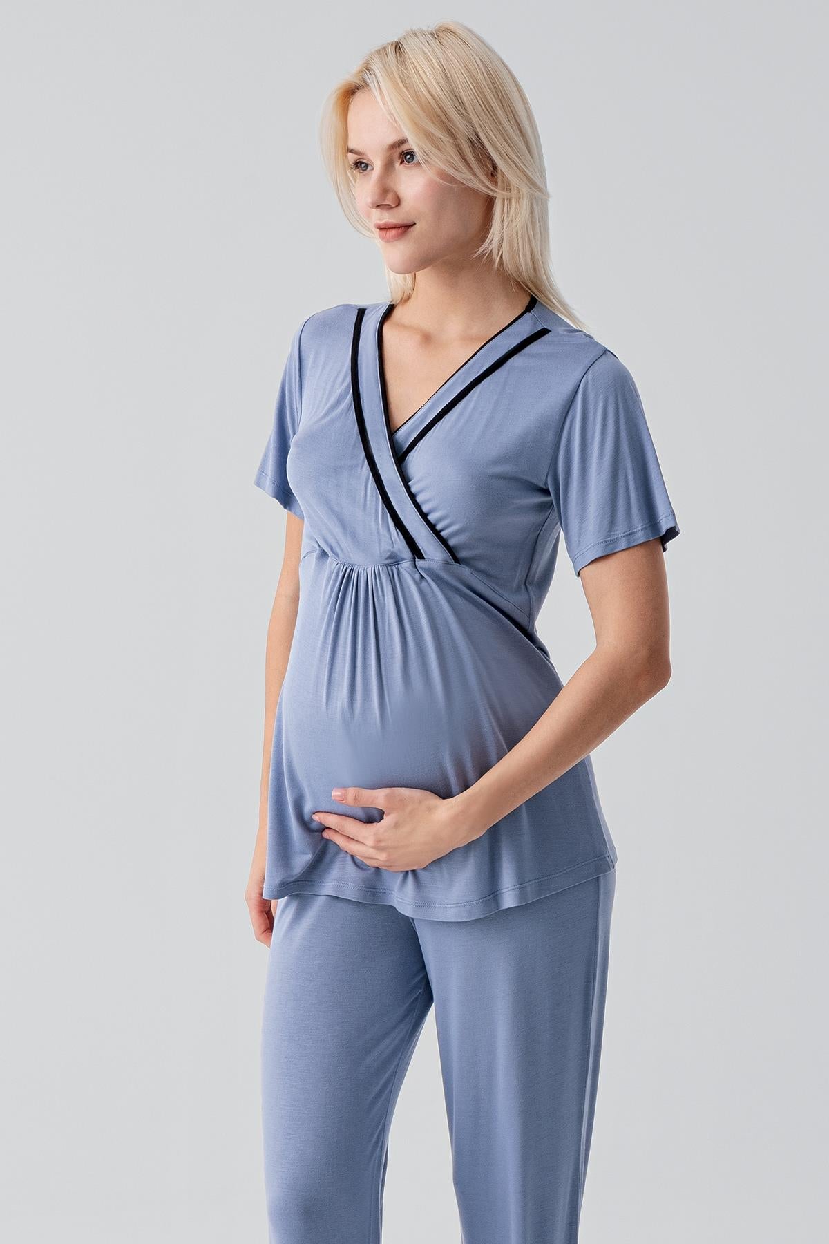 Kısa Kollu Emzirme Bölmeli Ayarlanabilir Bel Esnek Viskoz Hamile Pijama Takım 19317