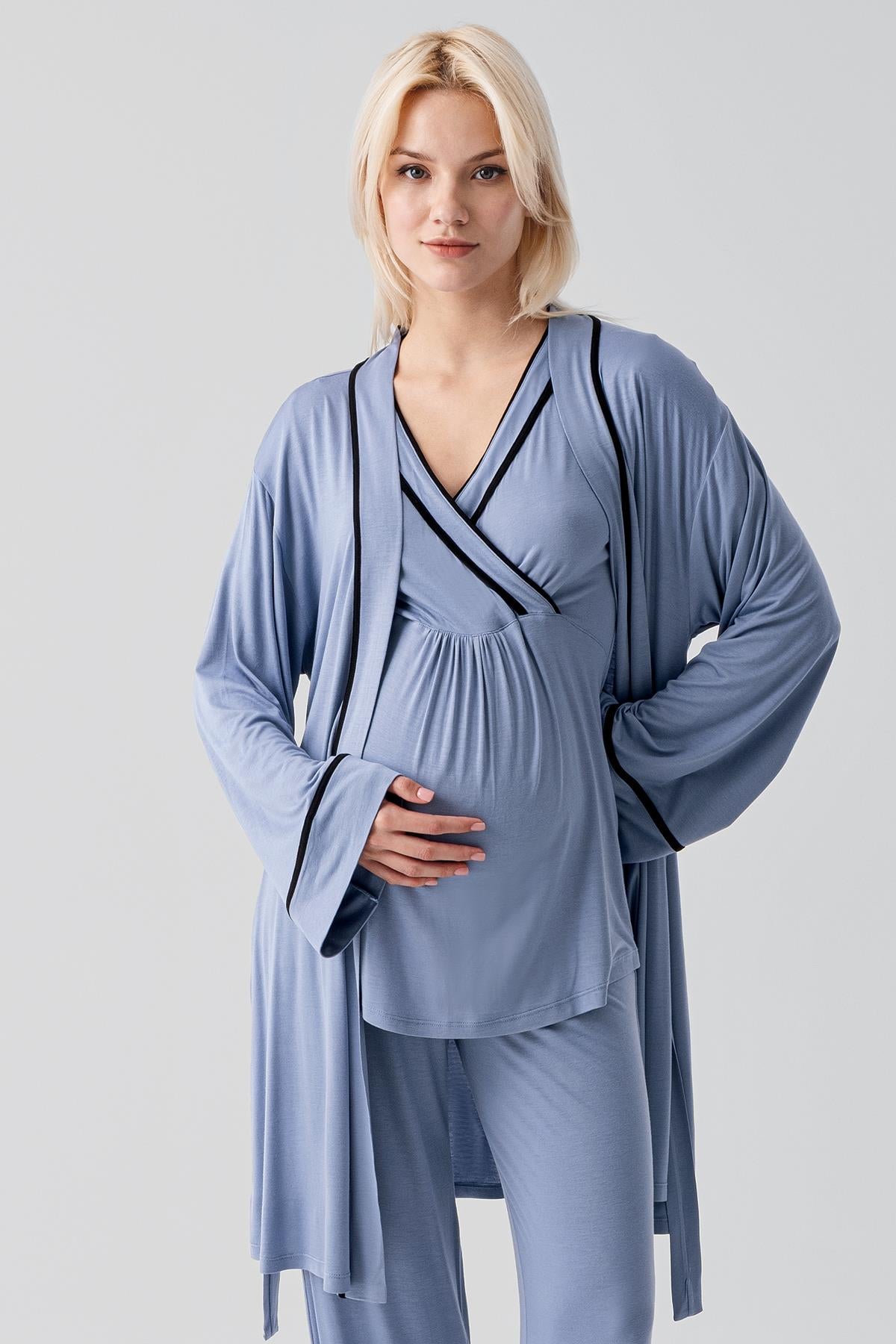 Kısa Kollu Emzirme Bölmeli Ayarlanabilir Bel Esnek Viskoz Hamile Pijama Takım 19317