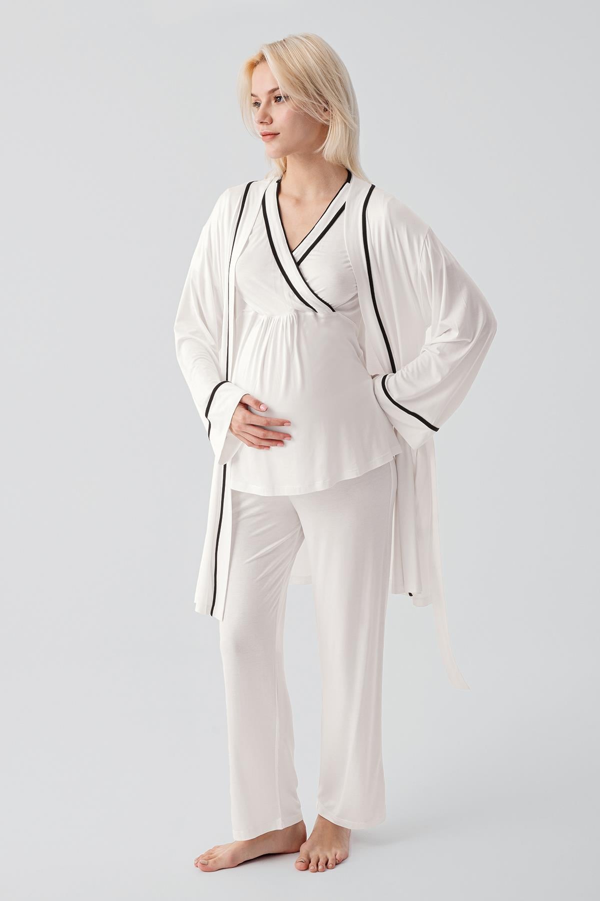 Kısa Kollu Emzirme Bölmeli Ayarlanabilir Bel Esnek Viskoz Hamile Pijama Takım 19317