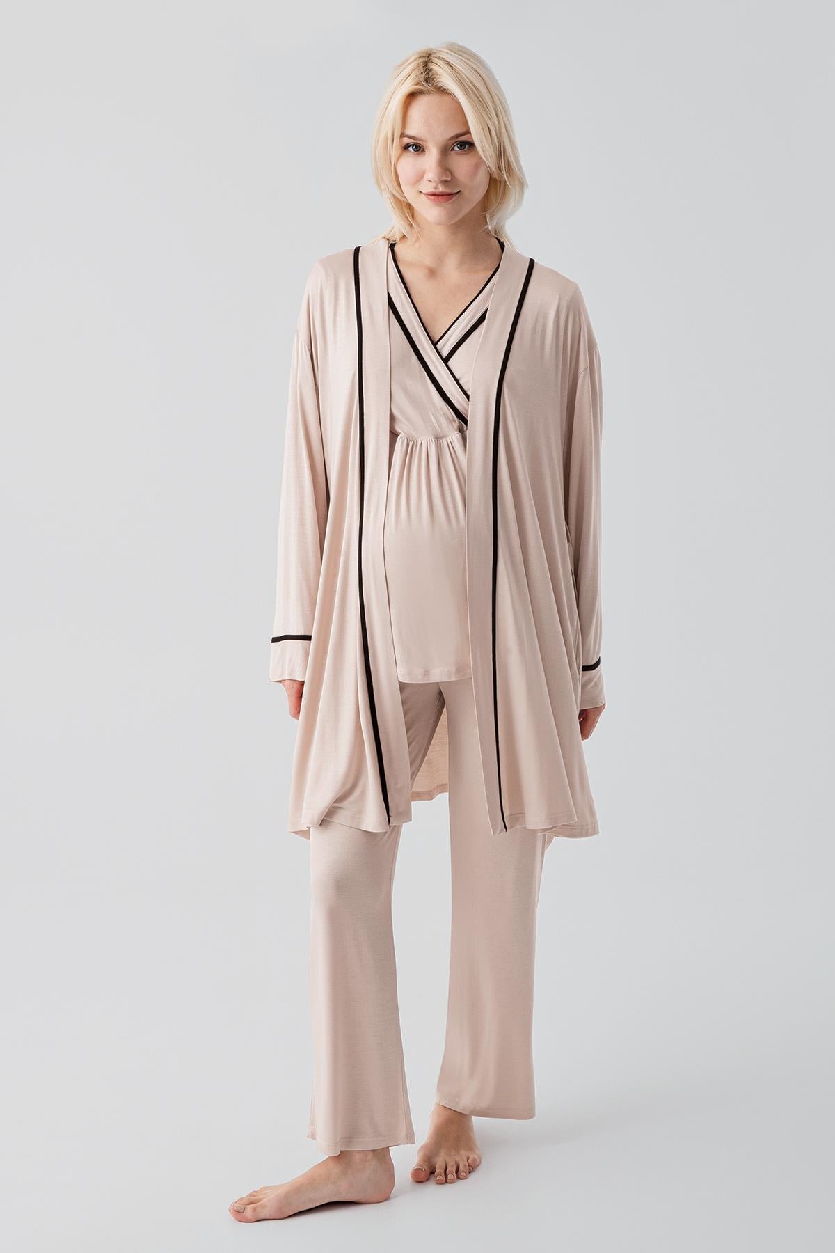 Kısa Kollu Emzirme Bölmeli Ayarlanabilir Bel Esnek Viskoz Hamile Pijama Takım 19317