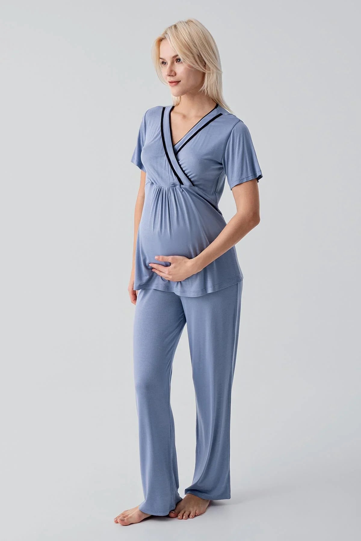 Kısa Kollu Emzirme Bölmeli Ayarlanabilir Bel Esnek Likralı Viskoz Soft Hamile Pijama Takım 19217