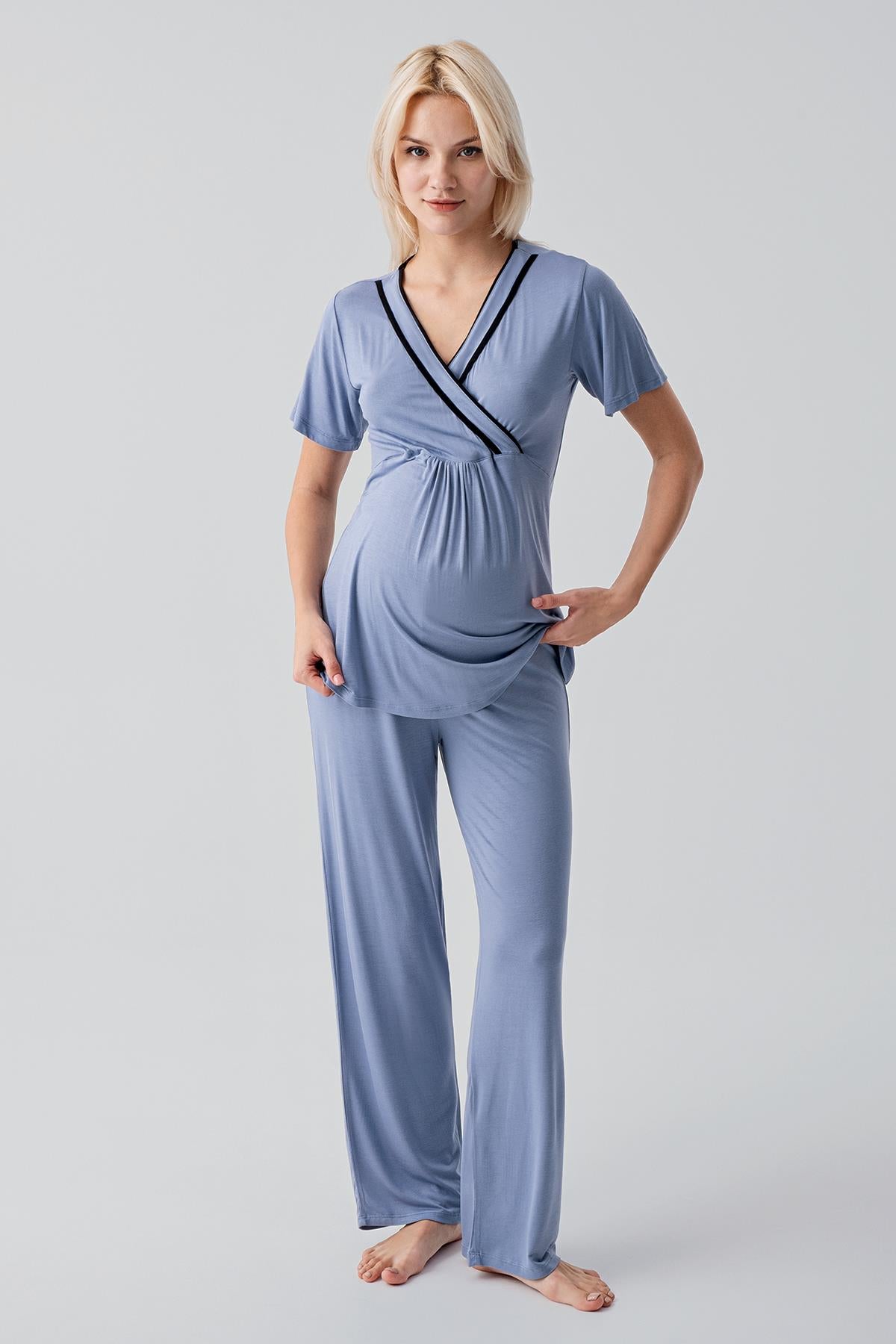 Kısa Kollu Emzirme Bölmeli Ayarlanabilir Bel Esnek Viskoz Hamile Pijama Takım 19217 - Artış Collection