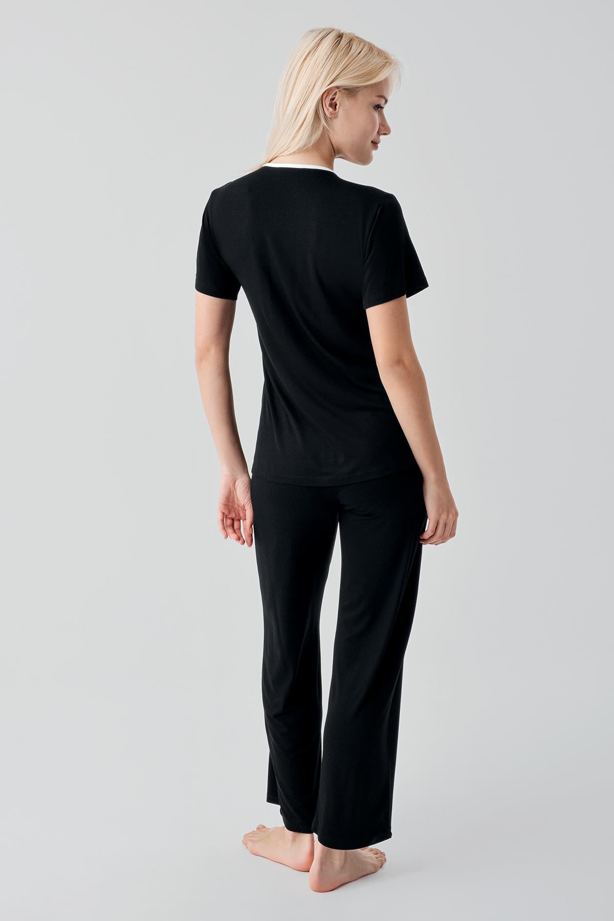 Kısa Kollu Emzirme Bölmeli Ayarlanabilir Bel Esnek Viskoz Hamile Pijama Takım 19217 - Artış Collection