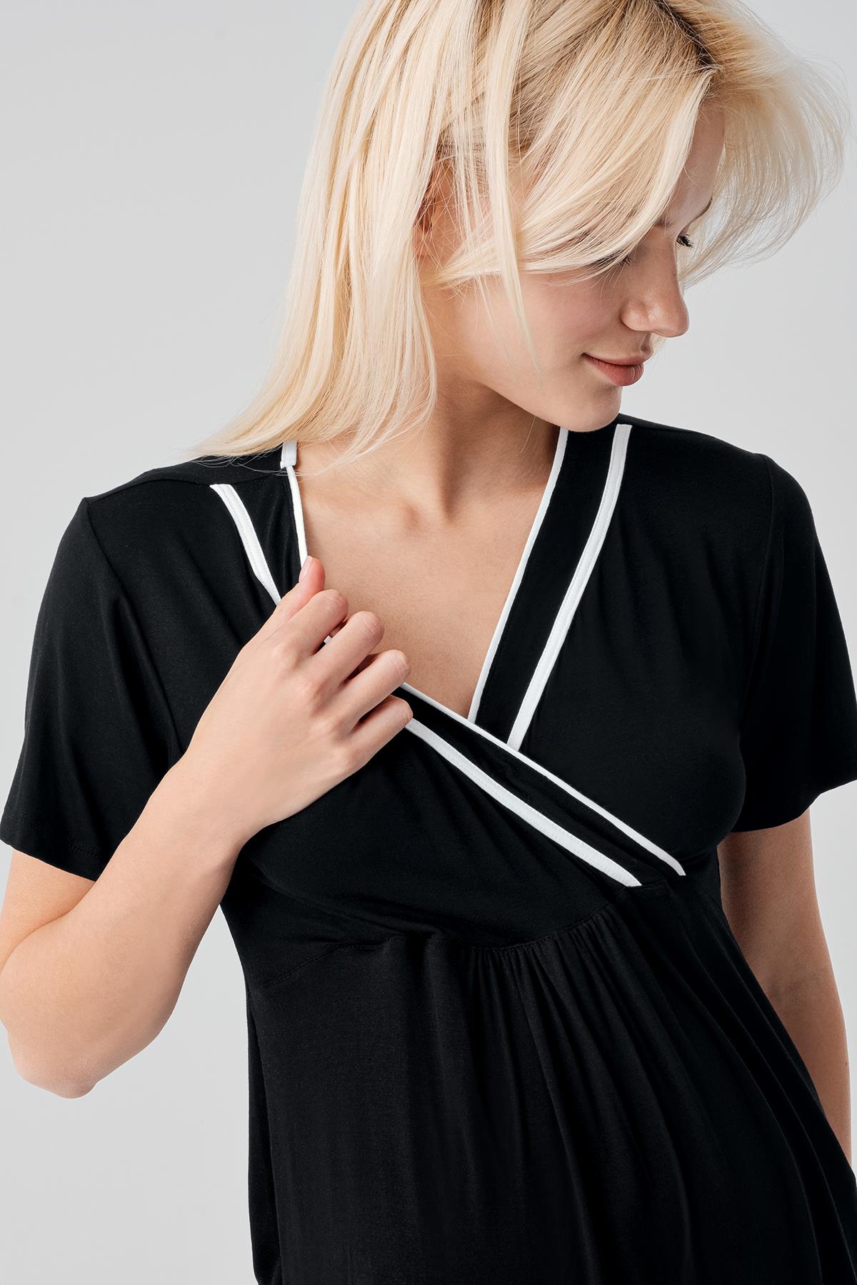 Kısa Kollu Emzirme Bölmeli Ayarlanabilir Bel Esnek Viskoz Hamile Pijama Takım 19217 - Artış Collection