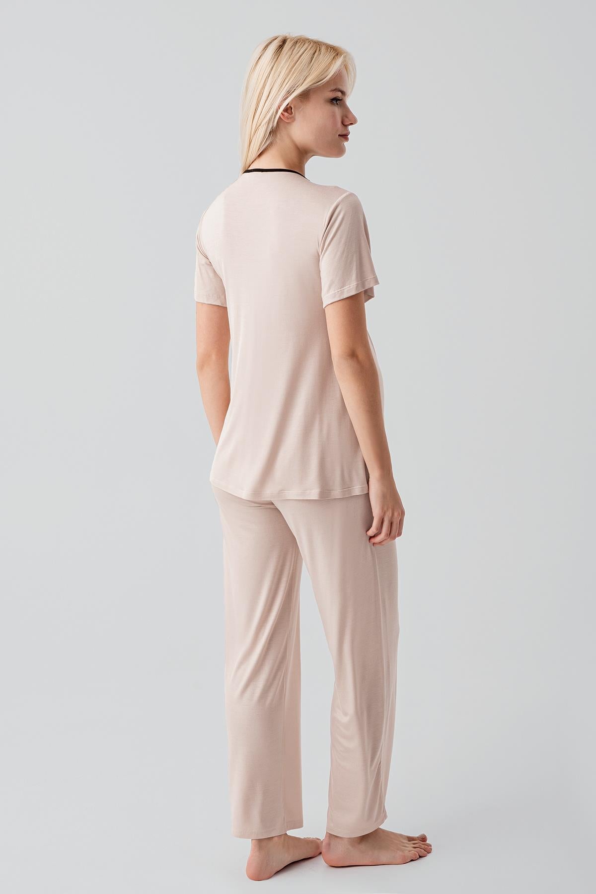 Kısa Kollu Emzirme Bölmeli Ayarlanabilir Bel Esnek Viskoz Hamile Pijama Takım 19217 - Artış Collection