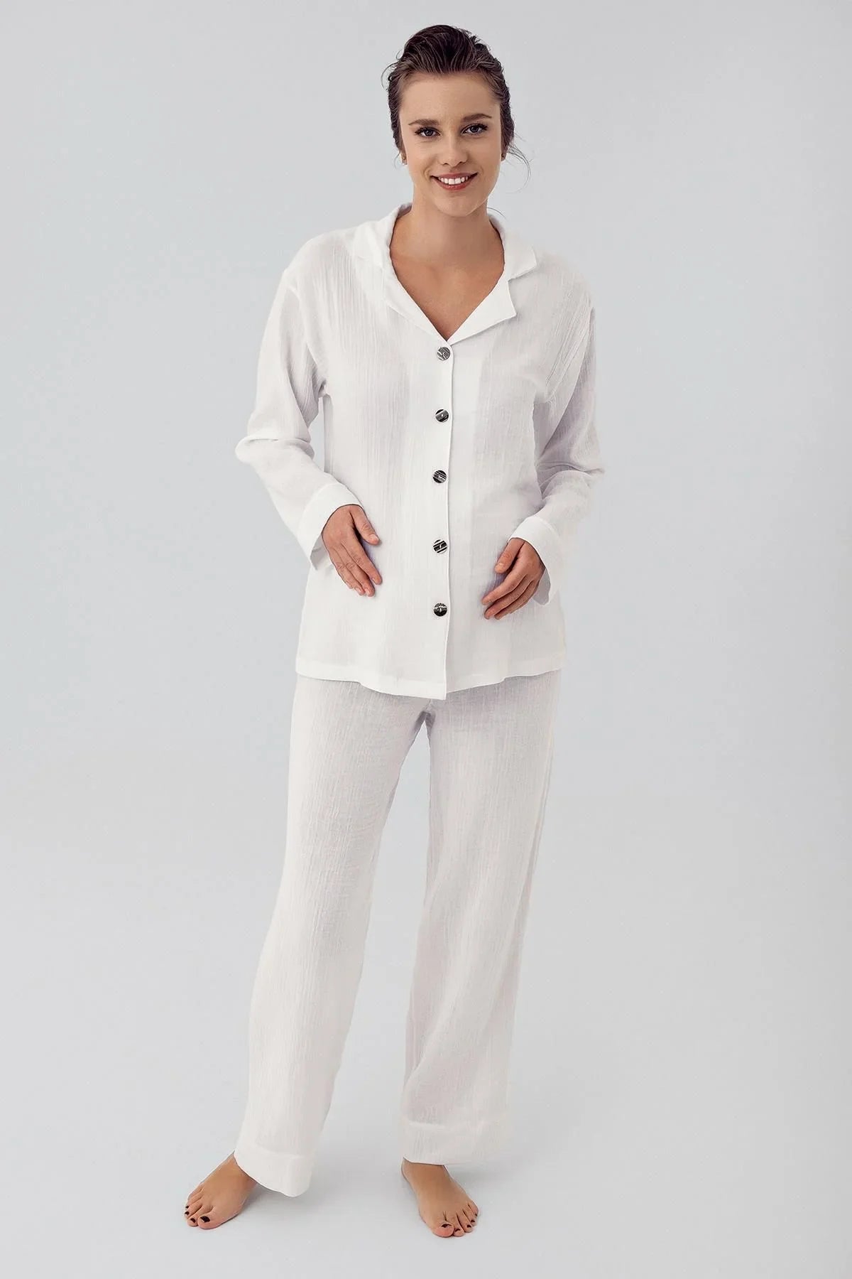 Çift Katlı Müslin Pamuklu Ayarlanabilir Yüksek Bel Düğmeli Gömlek Yaka Hamile Pijama Takım M210