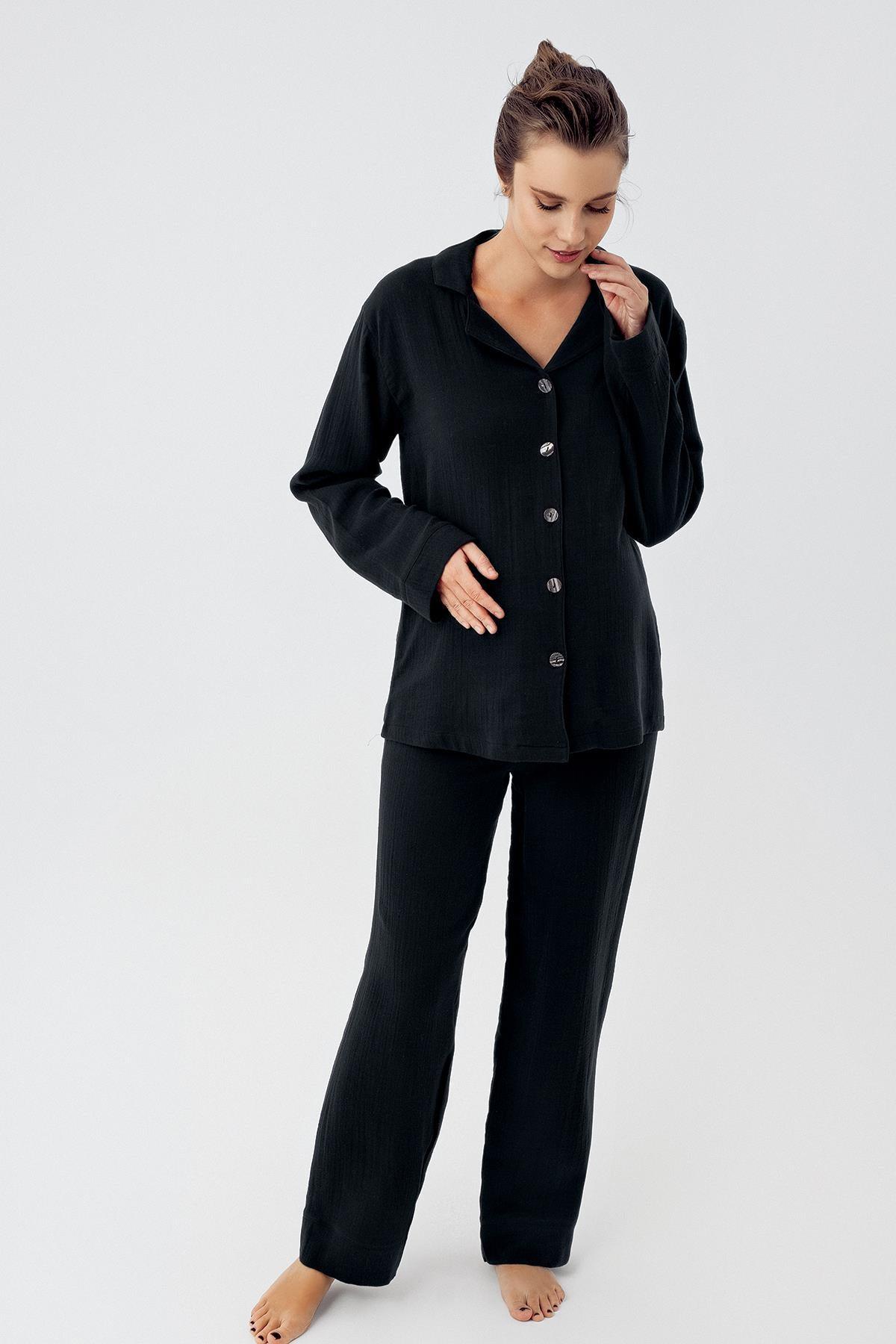 Çift Katlı Müslin Pamuklu Ayarlanabilir Yüksek Bel Düğmeli Gömlek Yaka Hamile Pijama Takım M210 - Artış Collection